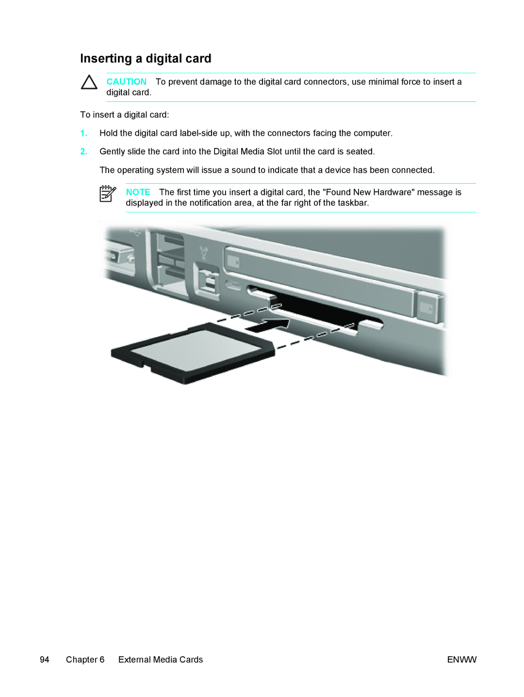 HP 397381-001 manual Inserting a digital card 