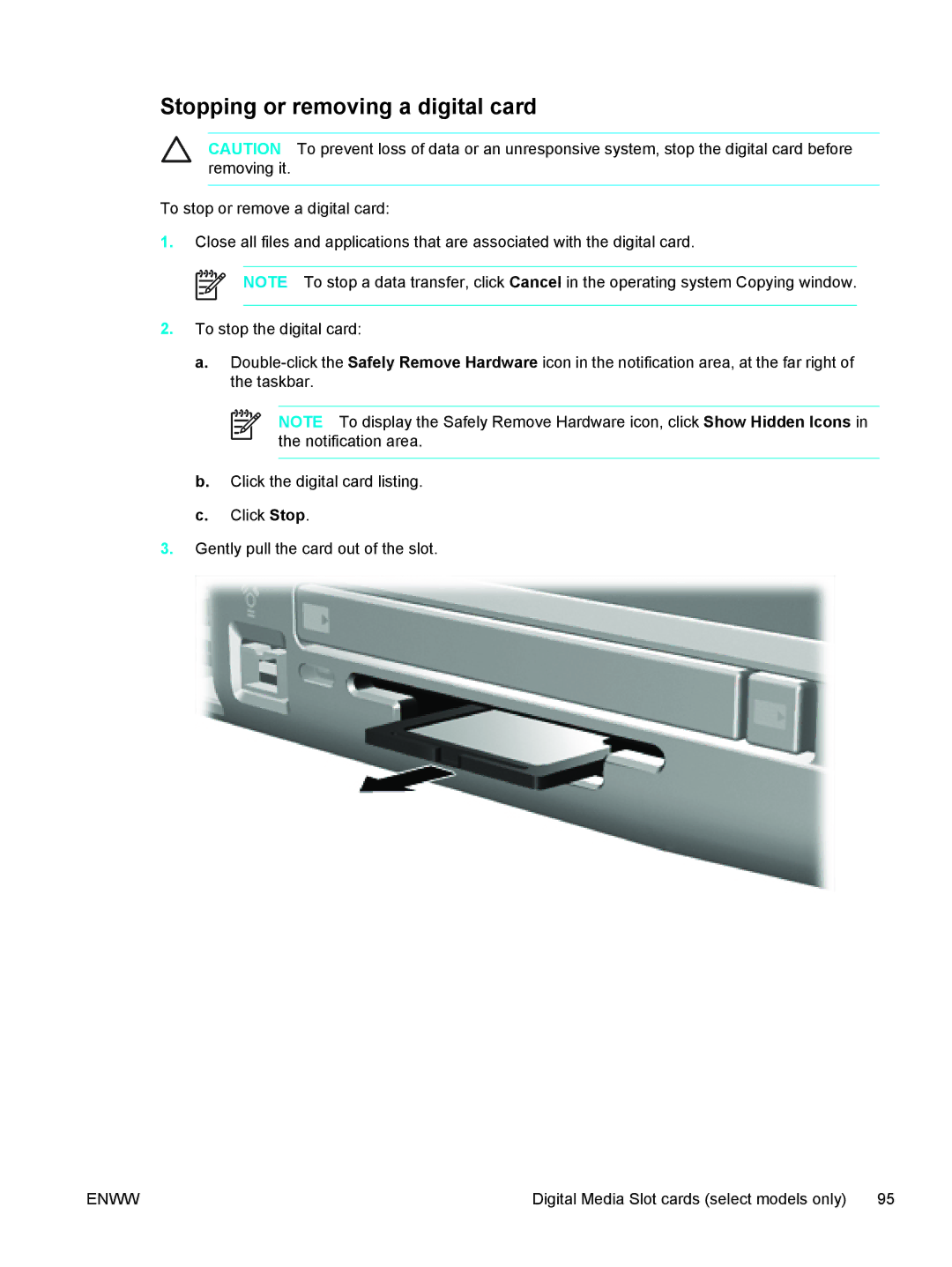 HP 397381-001 manual Stopping or removing a digital card 