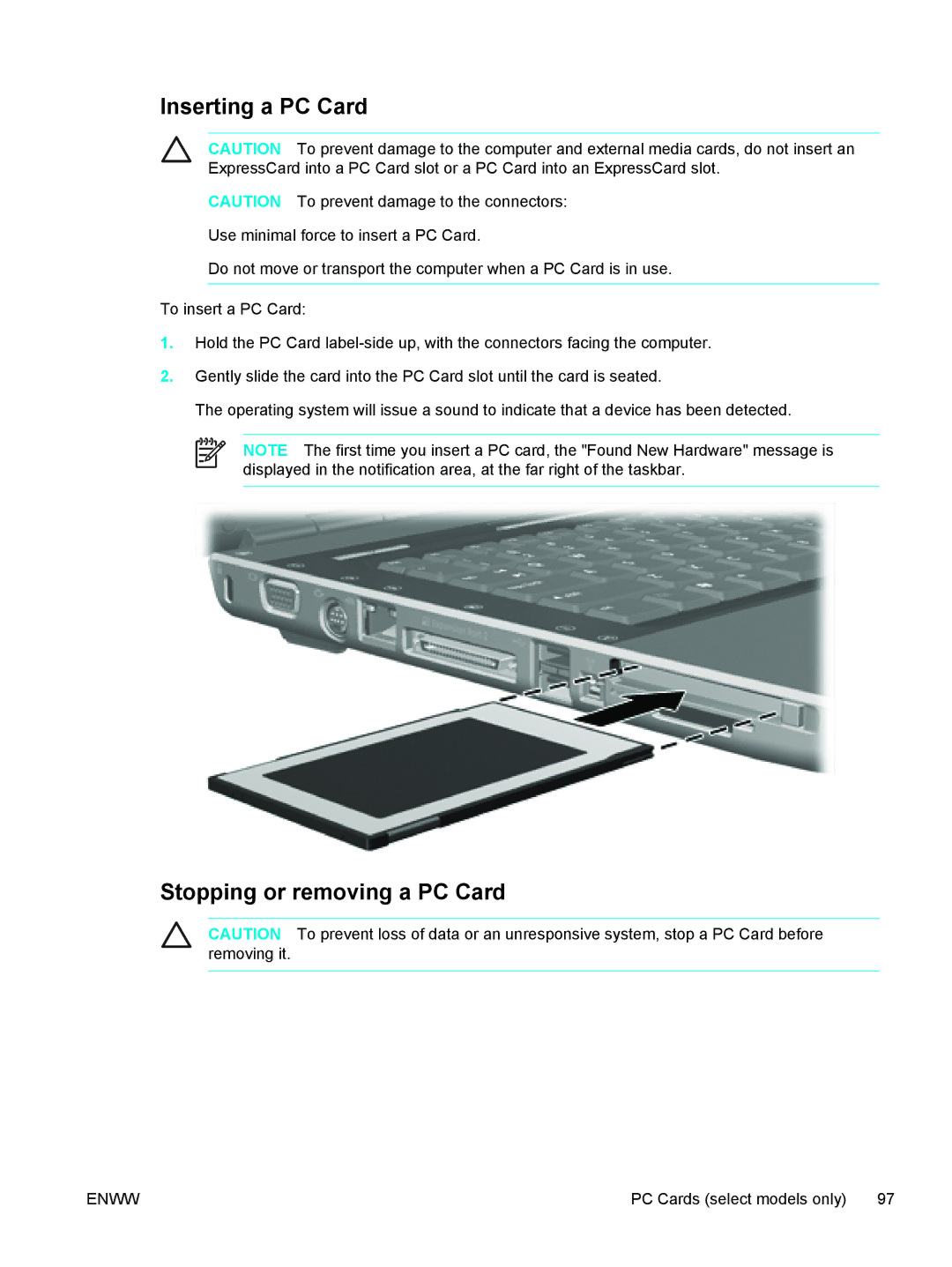 HP 397381-001 manual Inserting a PC Card, Stopping or removing a PC Card 