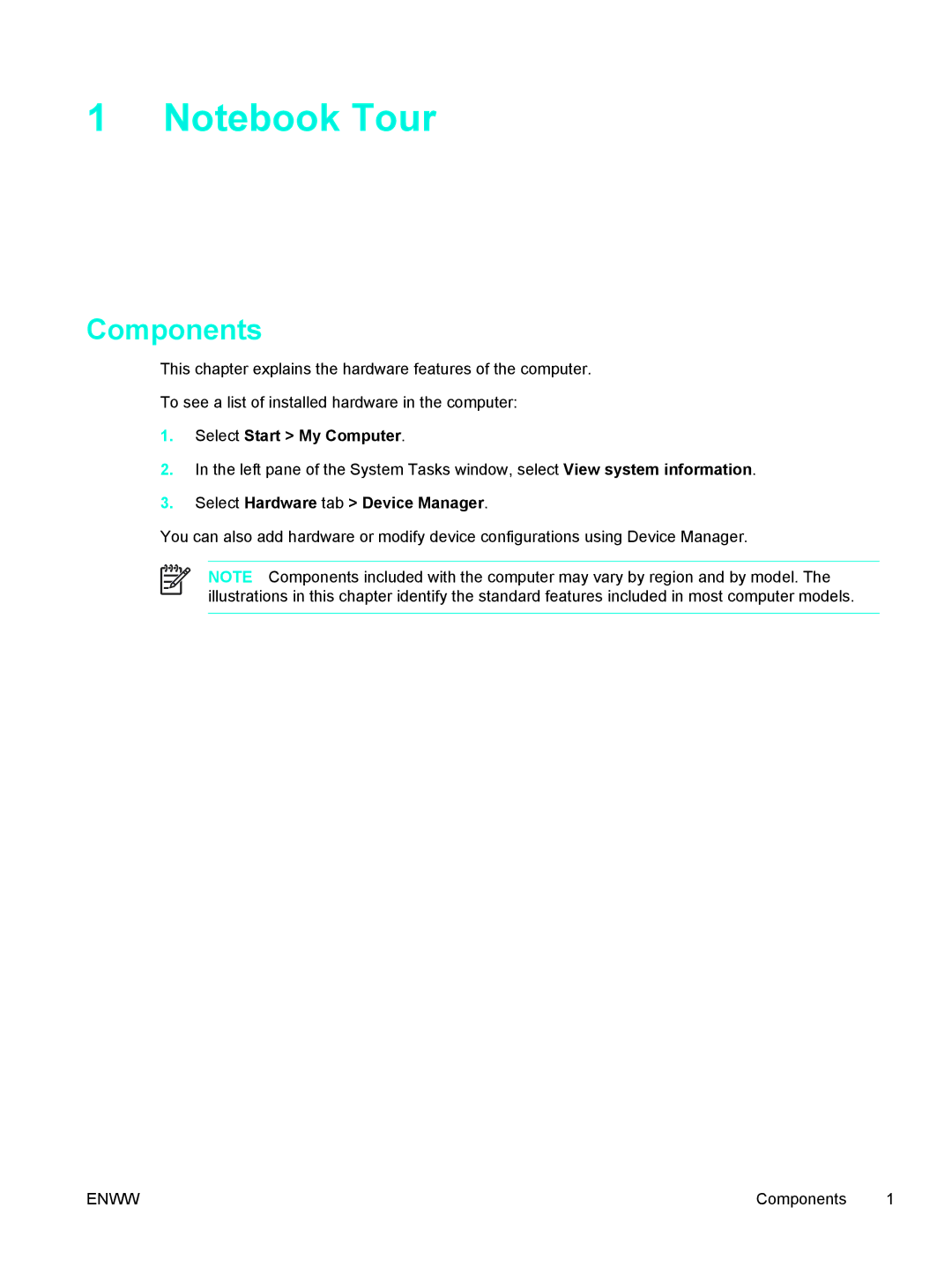 HP 397381-001 manual Components, Select Hardware tab Device Manager 