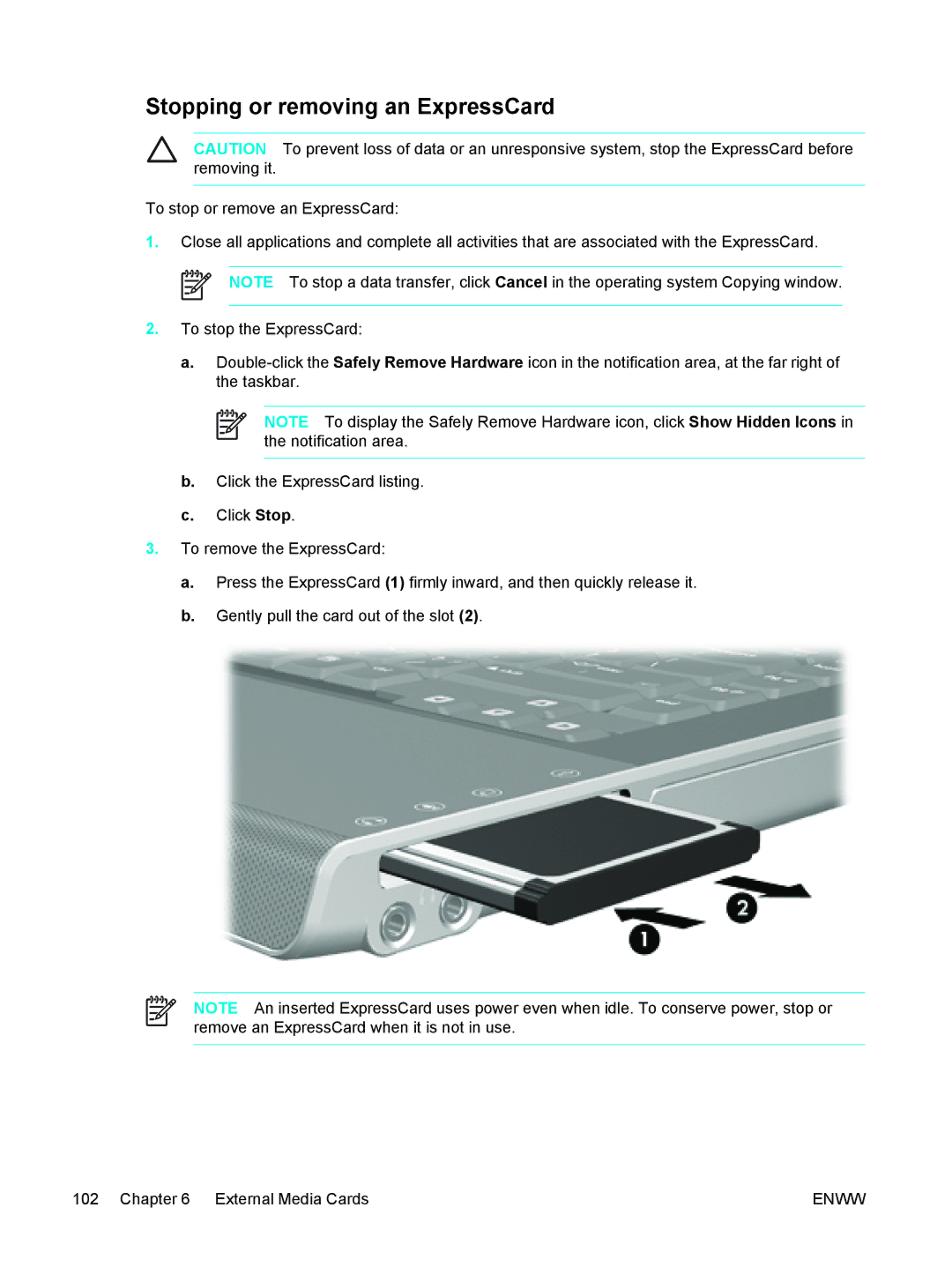 HP 397381-001 manual Stopping or removing an ExpressCard 