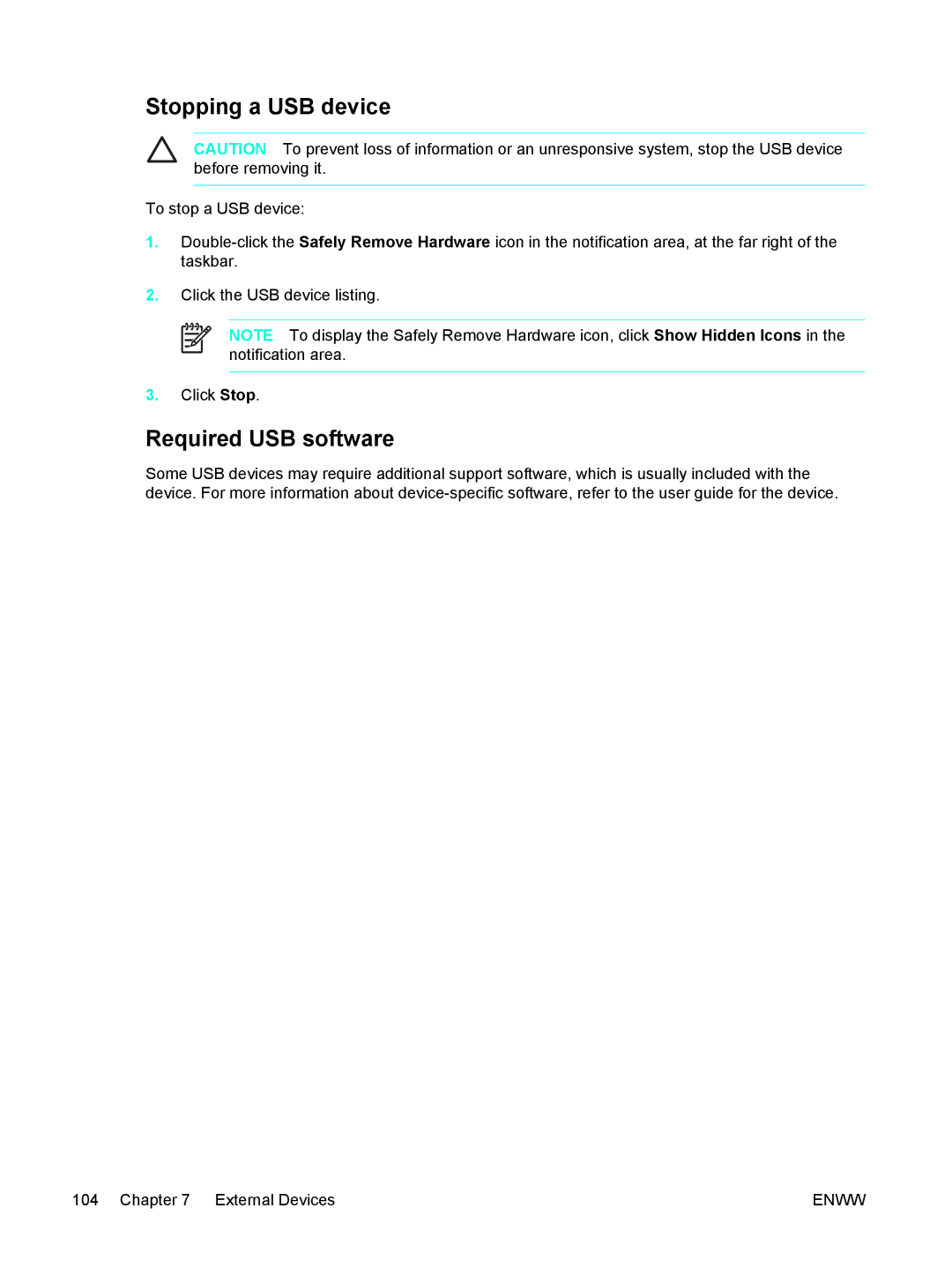 HP 397381-001 manual Stopping a USB device, Required USB software 