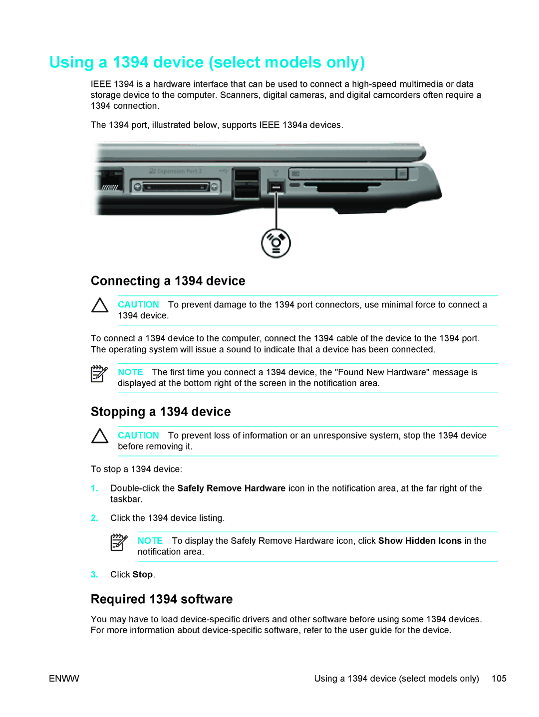 HP 397381-001 manual Using a 1394 device select models only, Connecting a 1394 device, Stopping a 1394 device 