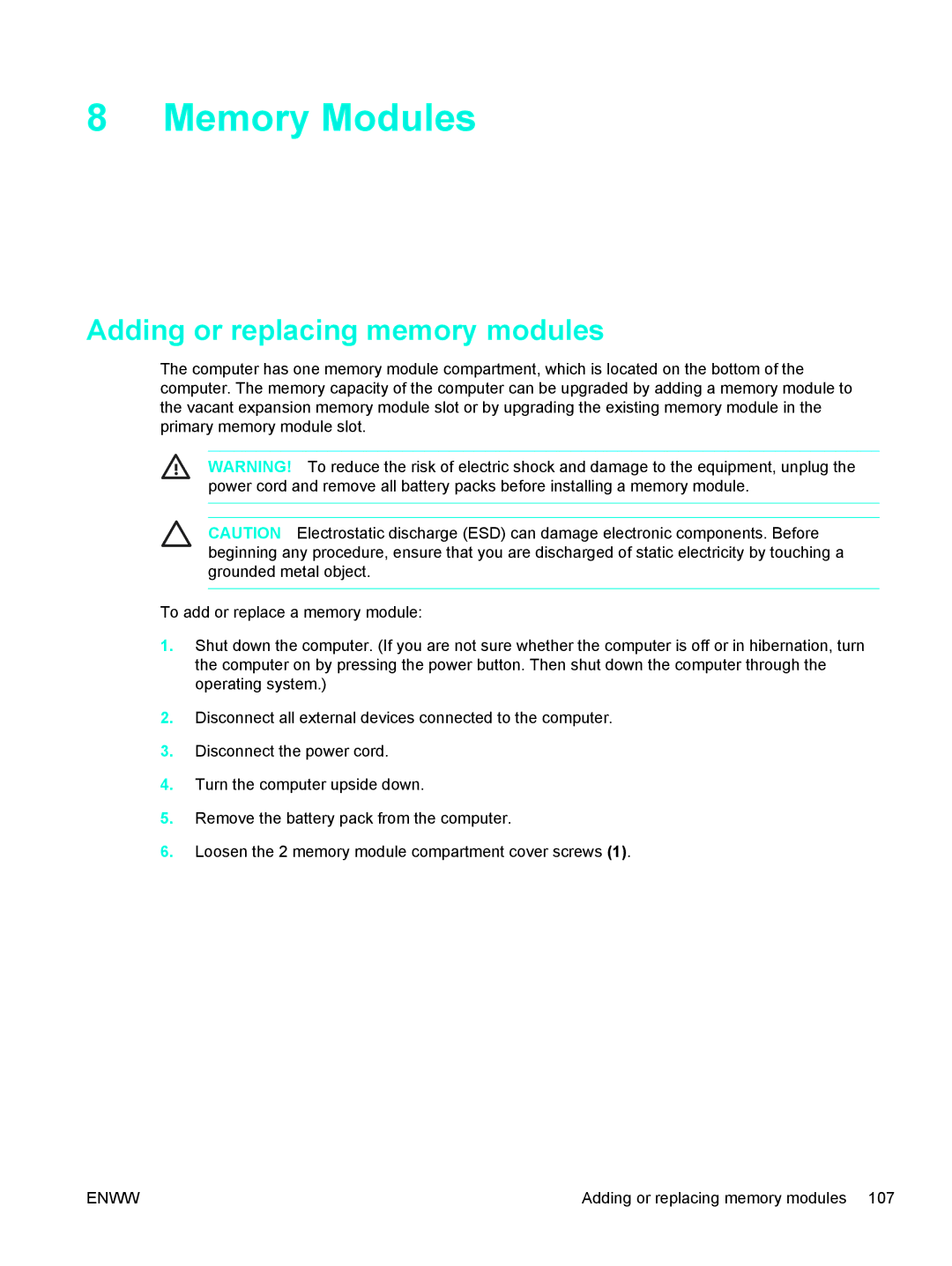 HP 397381-001 manual Memory Modules, Adding or replacing memory modules 