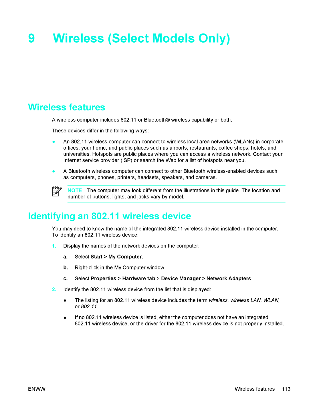 HP 397381-001 manual Wireless Select Models Only, Wireless features, Identifying an 802.11 wireless device 