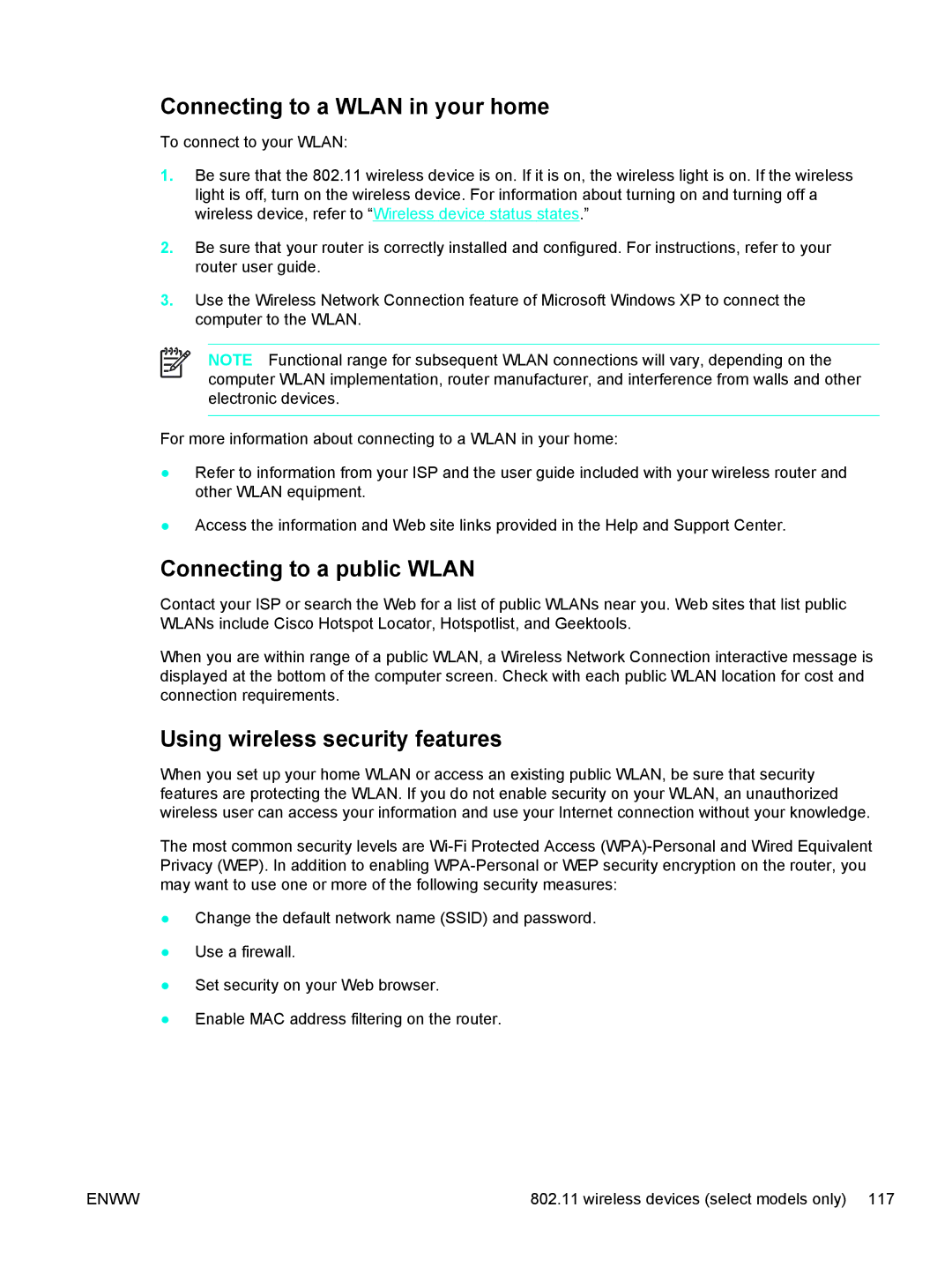 HP 397381-001 manual Connecting to a Wlan in your home, Connecting to a public Wlan, Using wireless security features 