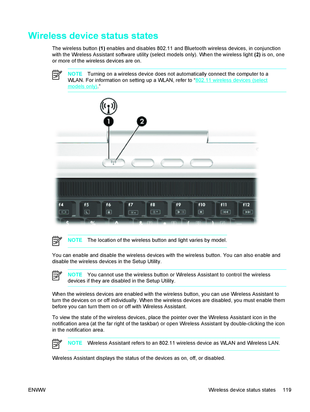 HP 397381-001 manual Wireless device status states 