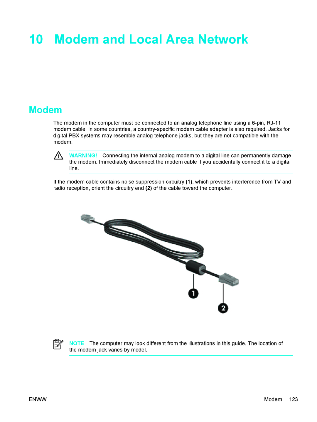 HP 397381-001 manual Modem and Local Area Network 