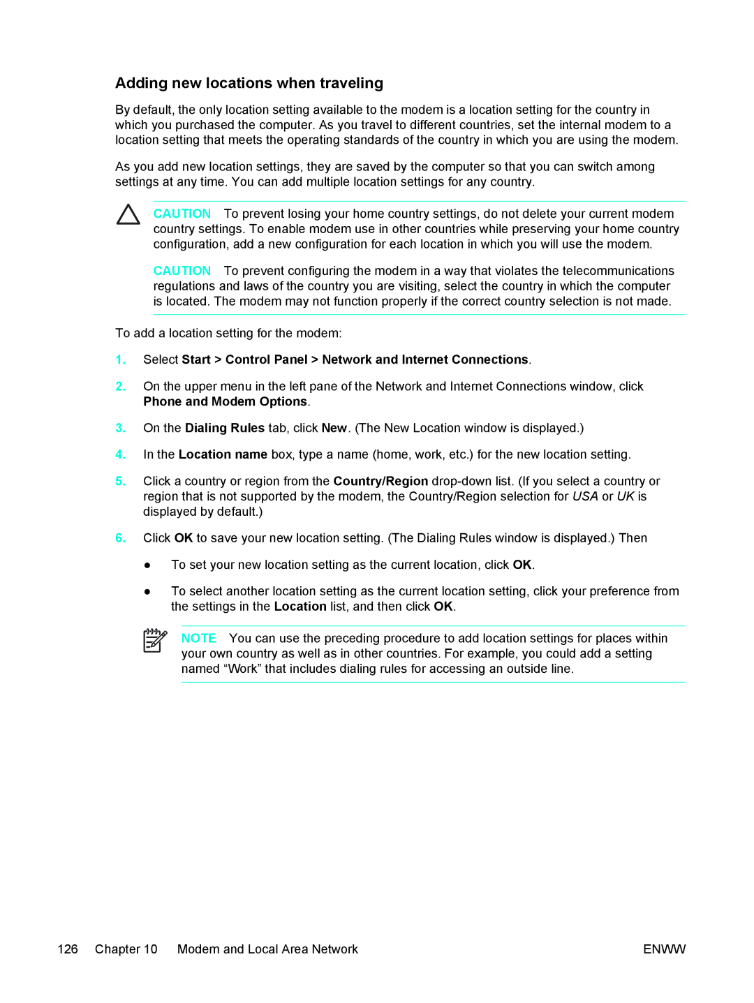 HP 397381-001 manual Adding new locations when traveling, Select Start Control Panel Network and Internet Connections 