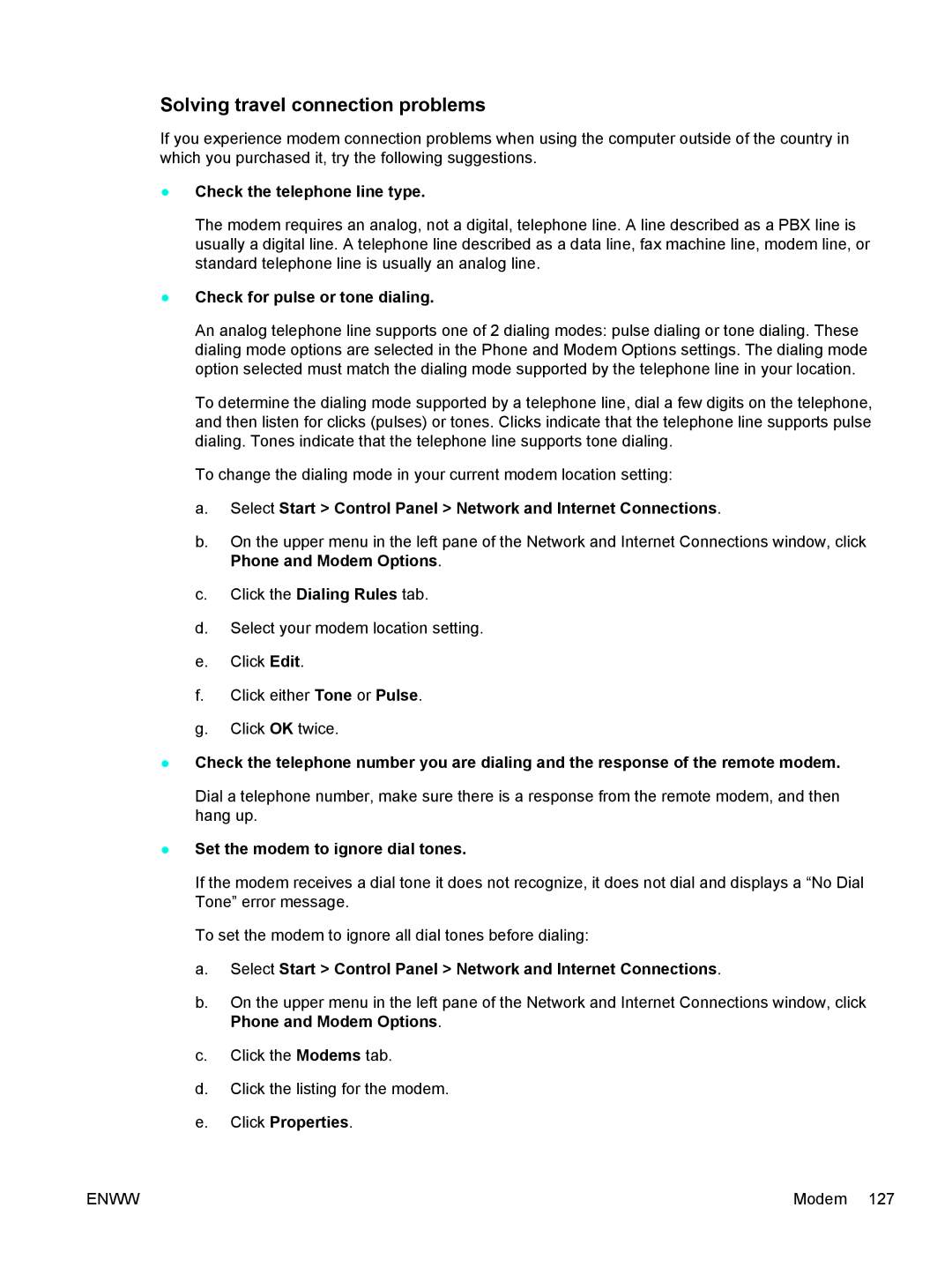 HP 397381-001 manual Solving travel connection problems, Check the telephone line type 