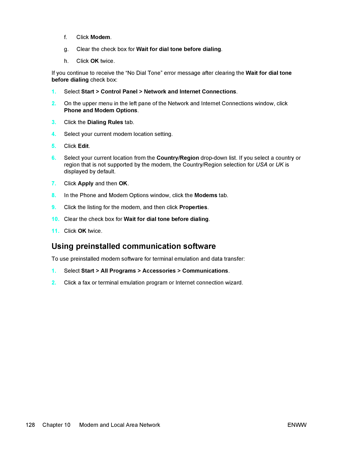 HP 397381-001 manual Using preinstalled communication software, Clear the check box for Wait for dial tone before dialing 