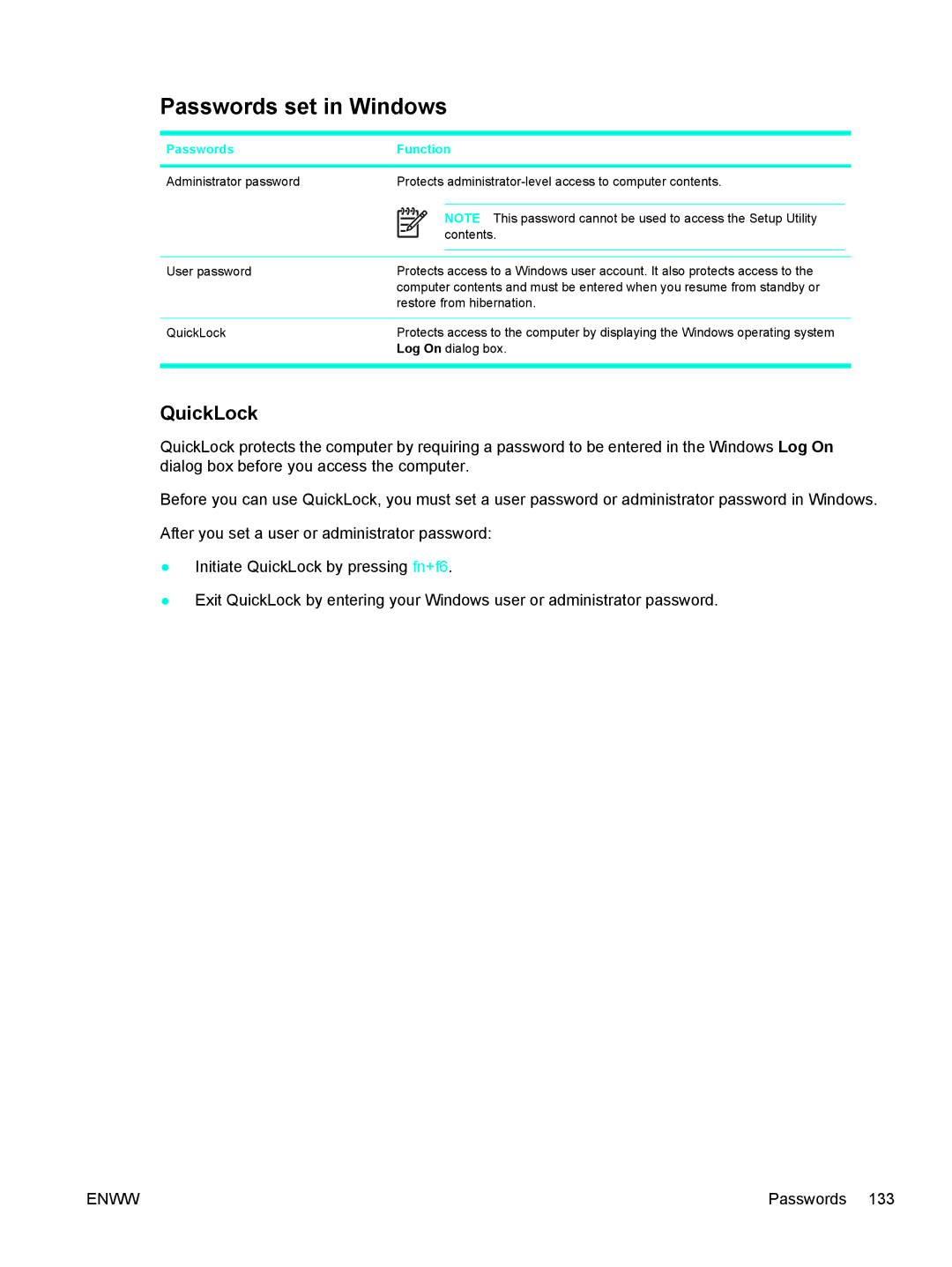 HP 397381-001 manual Passwords set in Windows, QuickLock 