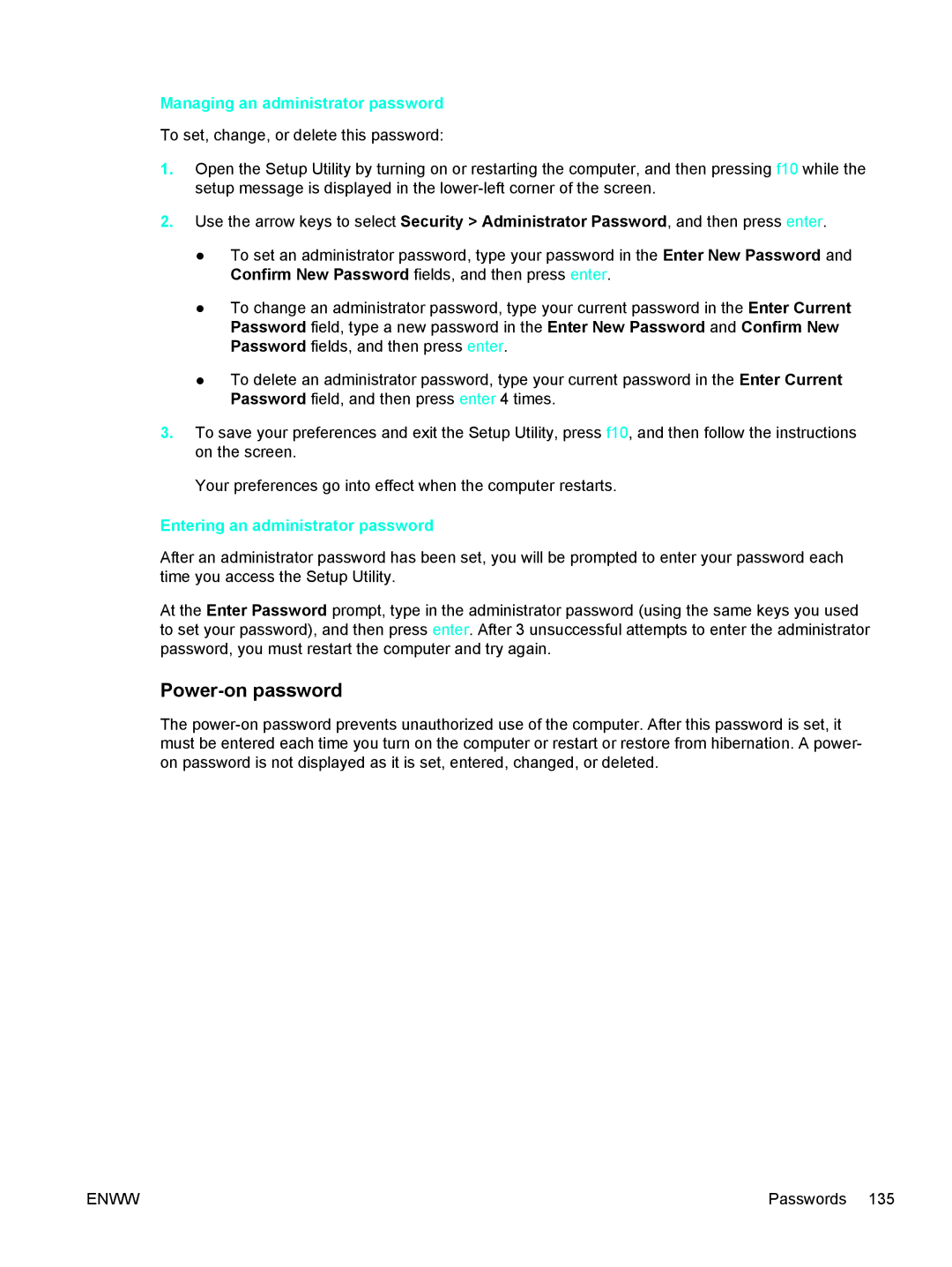 HP 397381-001 manual Power-on password, Managing an administrator password, Entering an administrator password 