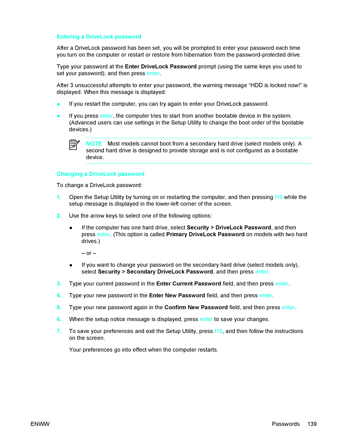 HP 397381-001 manual Entering a DriveLock password, Changing a DriveLock password 