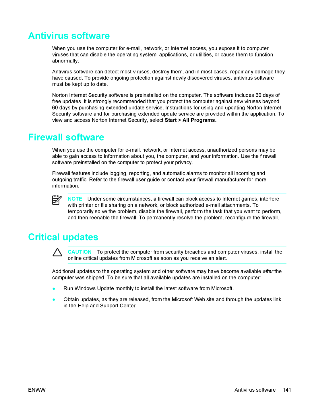 HP 397381-001 manual Antivirus software, Firewall software, Critical updates 