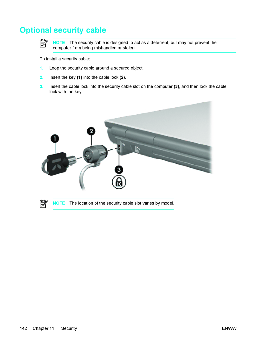 HP 397381-001 manual Optional security cable 