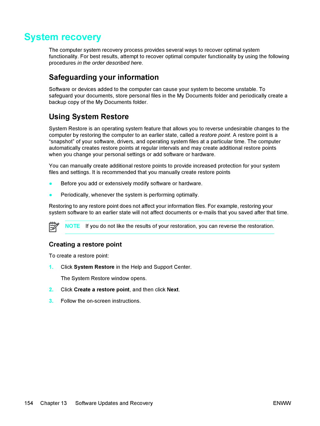 HP 397381-001 manual System recovery, Safeguarding your information, Using System Restore, Creating a restore point 