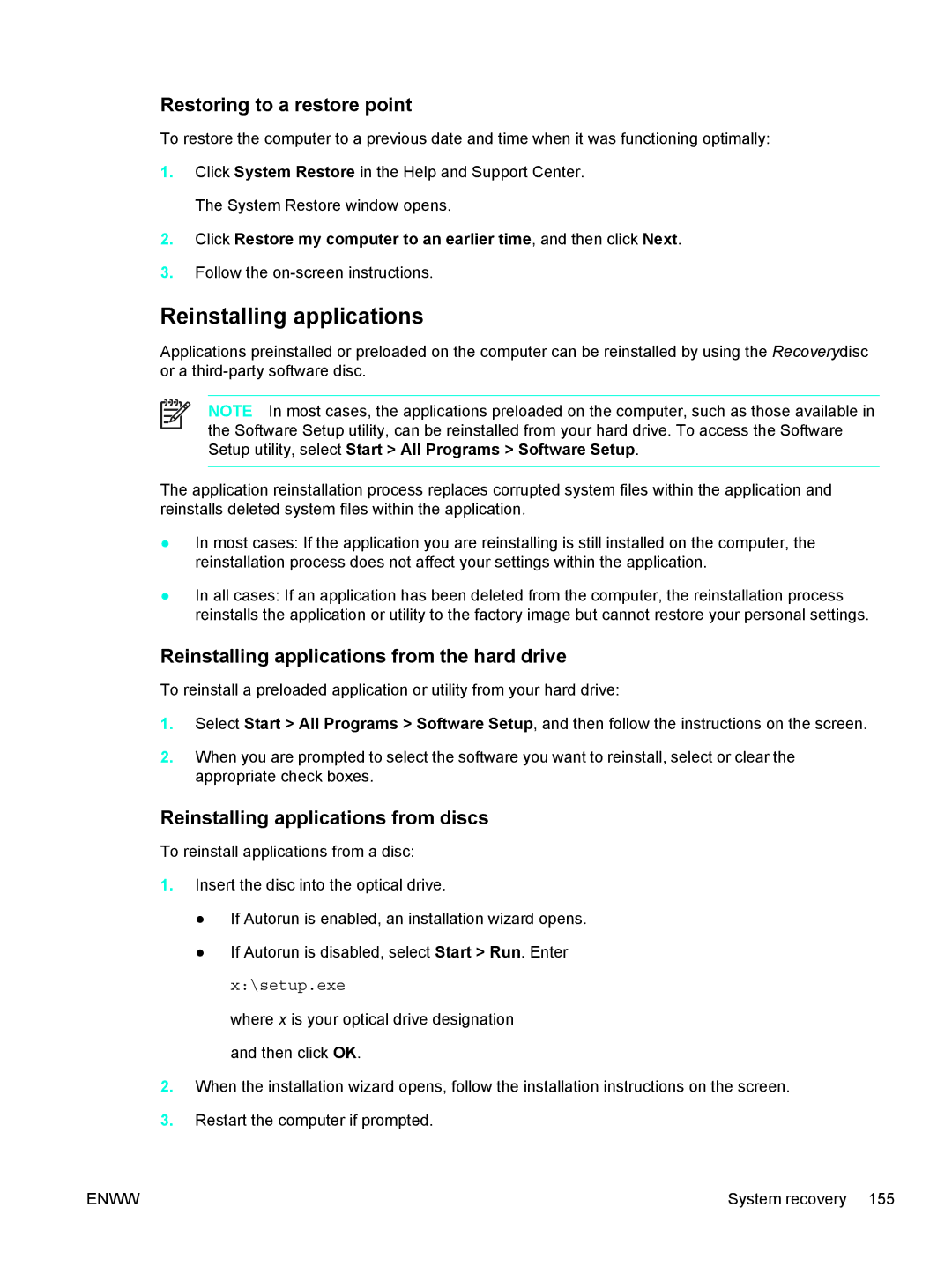 HP 397381-001 manual Restoring to a restore point, Reinstalling applications from the hard drive 