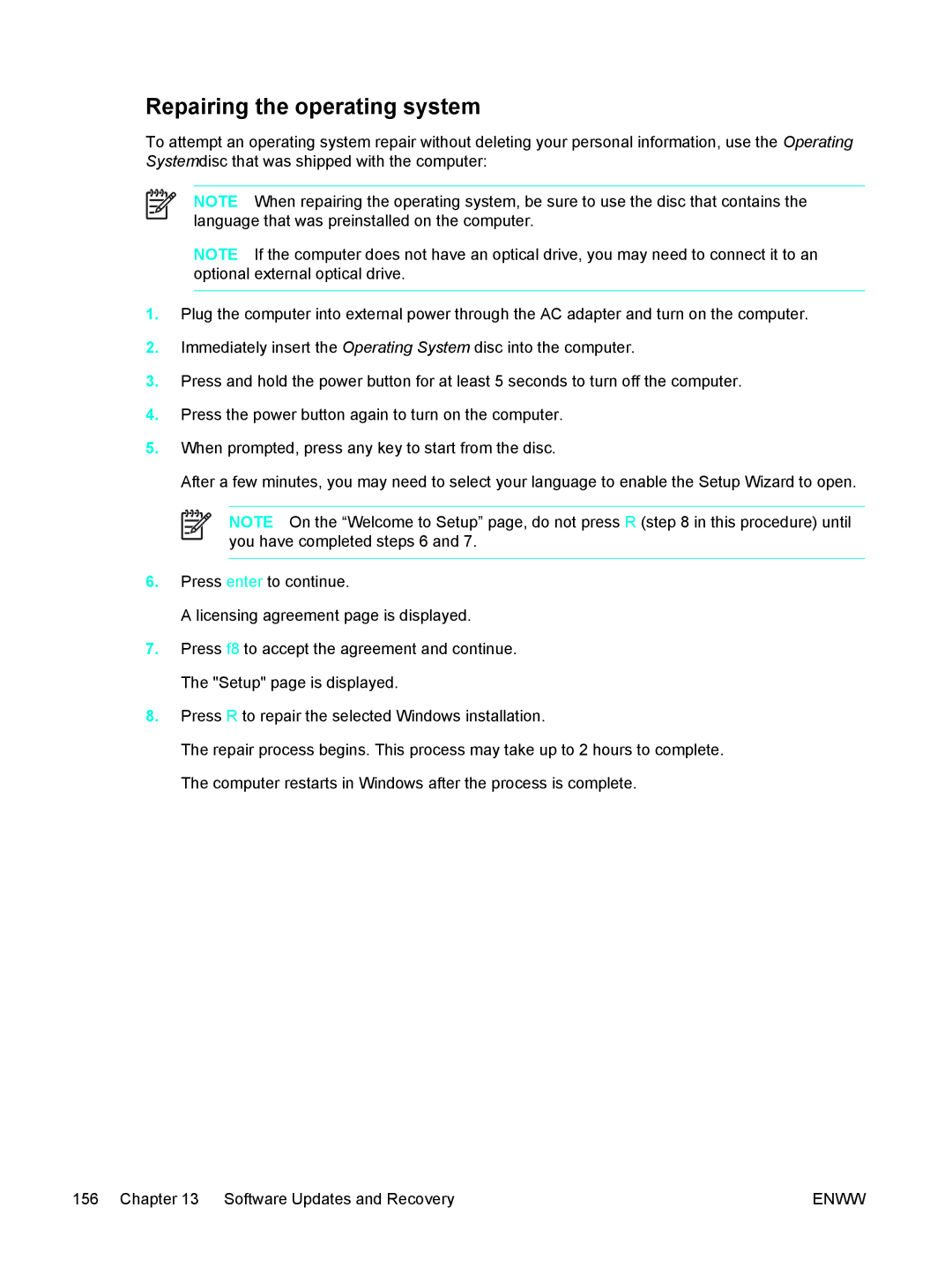 HP 397381-001 manual Repairing the operating system 