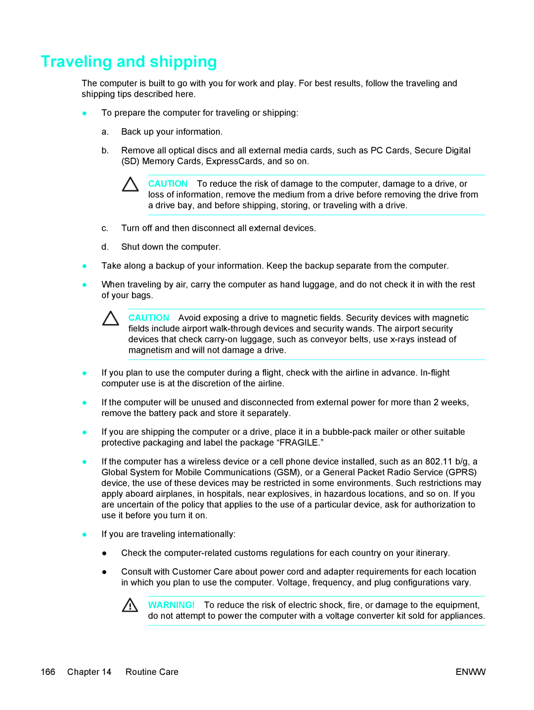 HP 397381-001 manual Traveling and shipping 