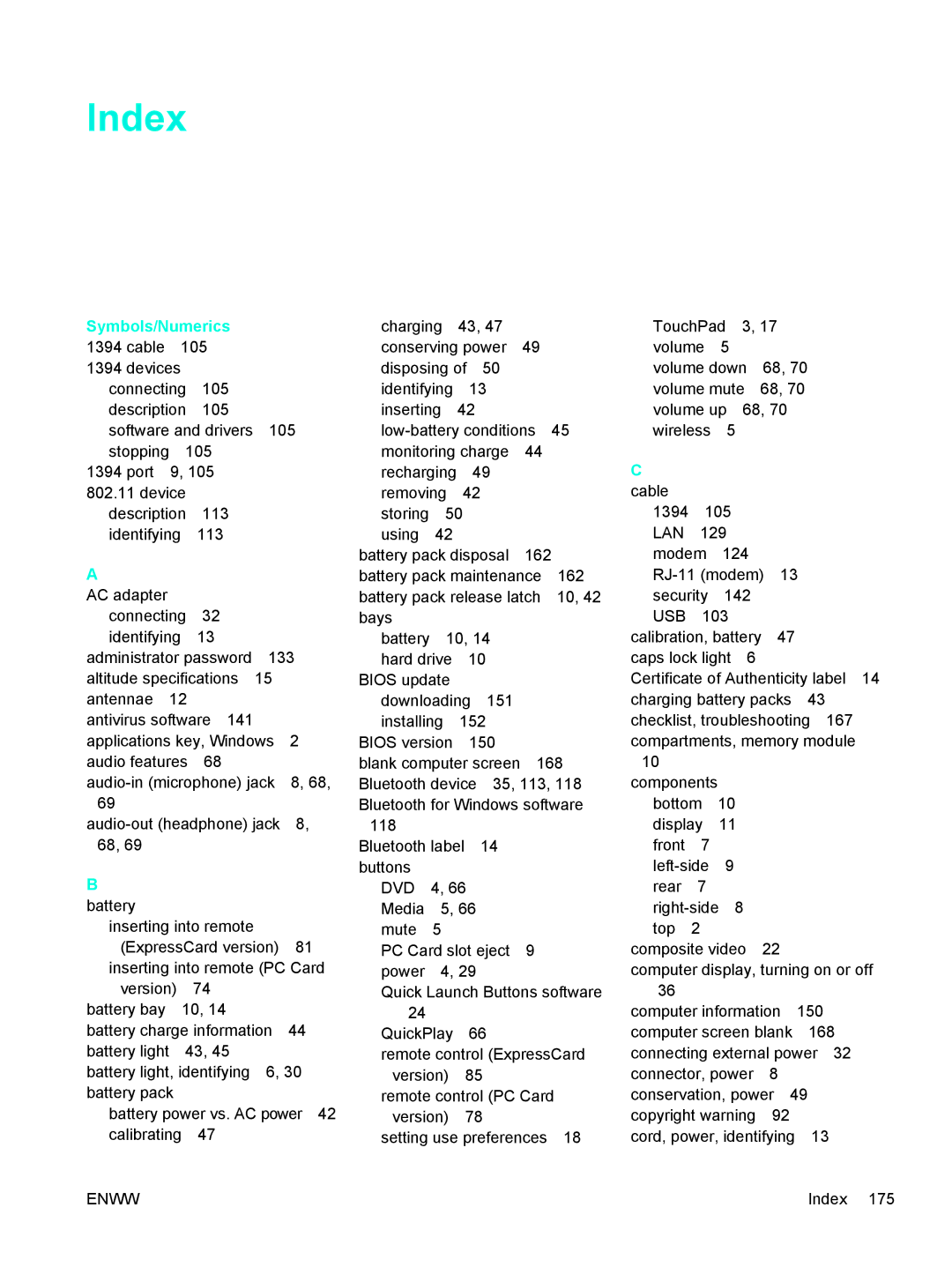 HP 397381-001 manual Index, Symbols/Numerics 