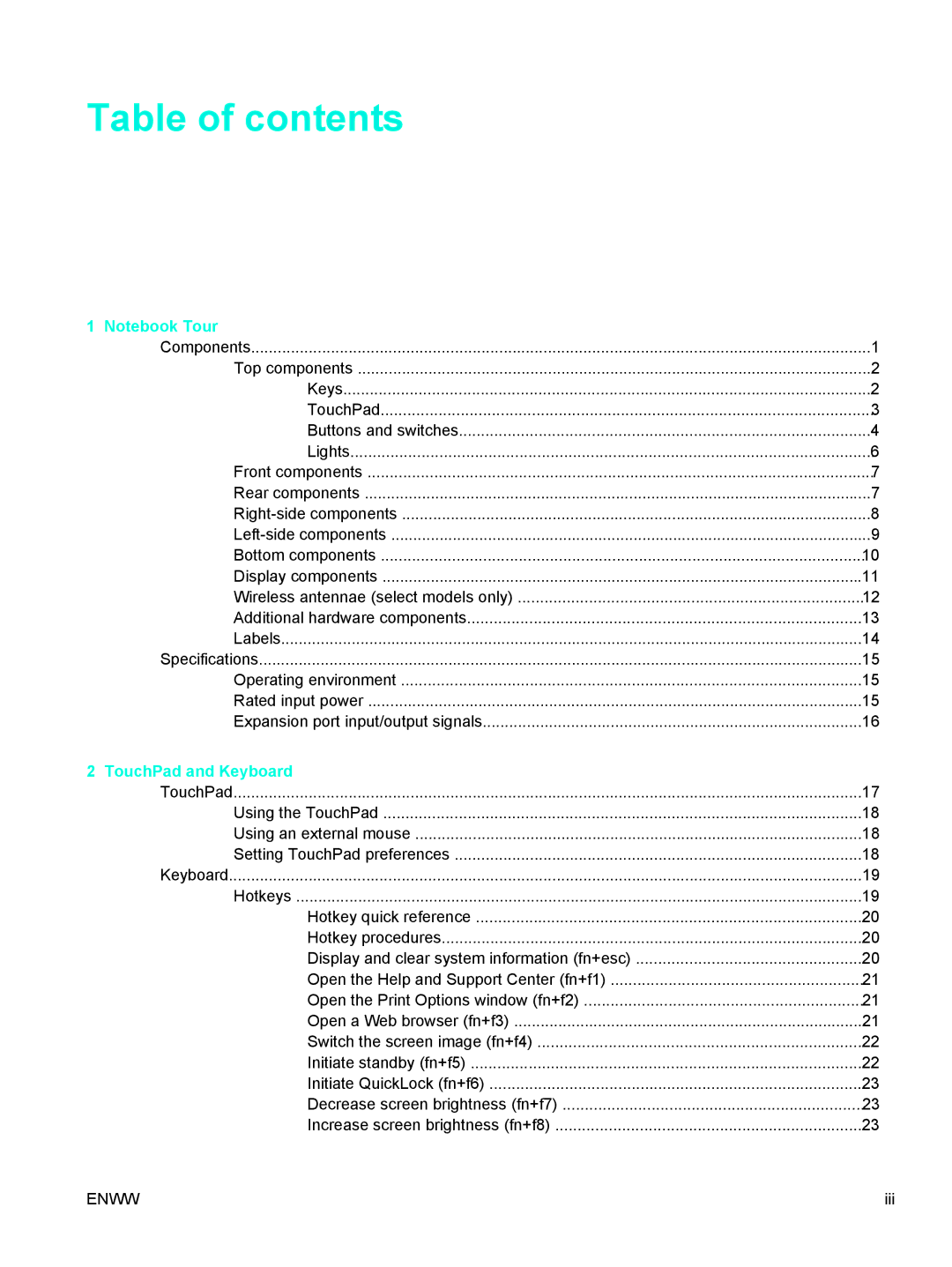 HP 397381-001 manual Table of contents 