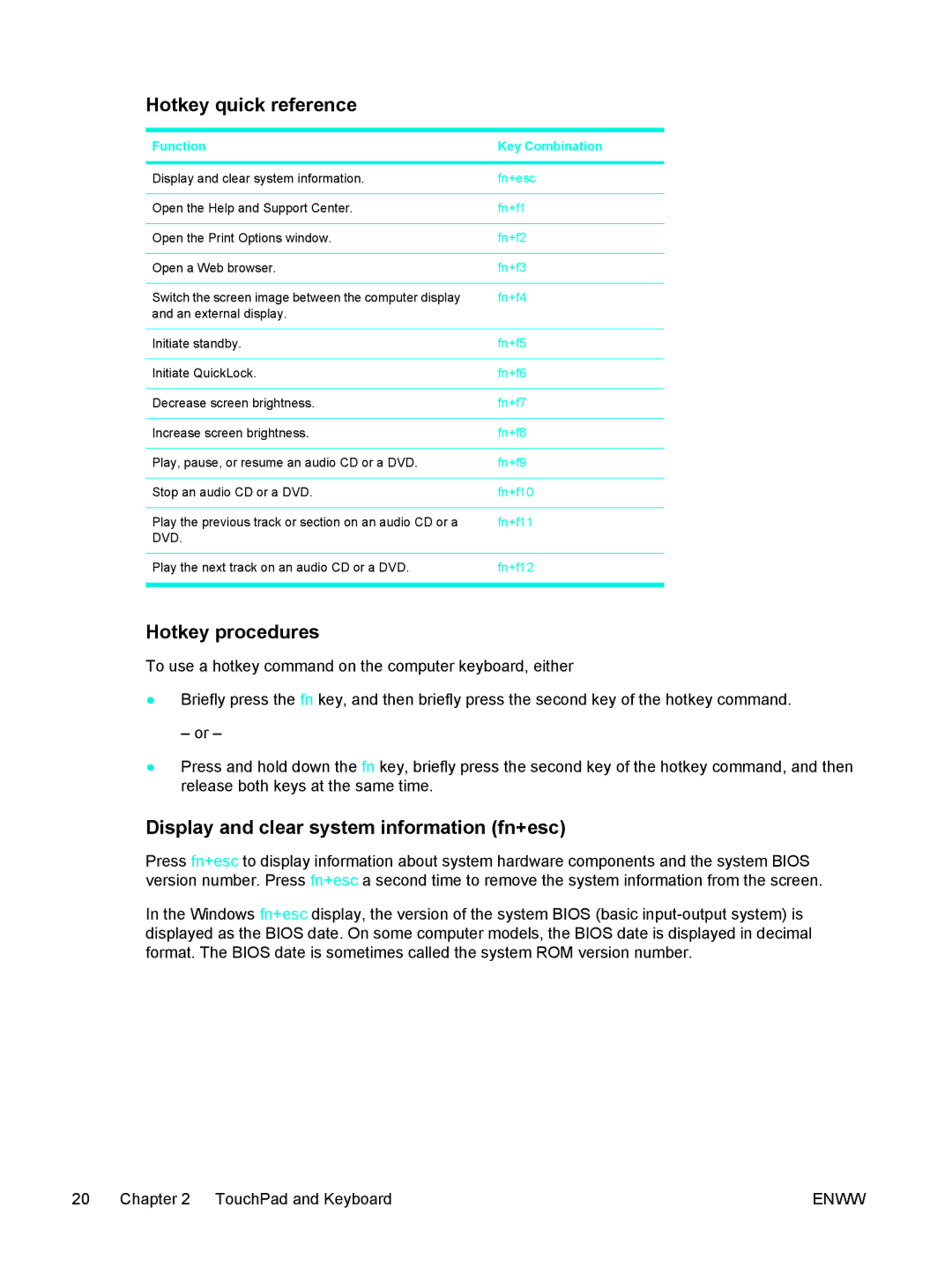 HP 397381-001 manual Hotkey quick reference, Hotkey procedures, Display and clear system information fn+esc 