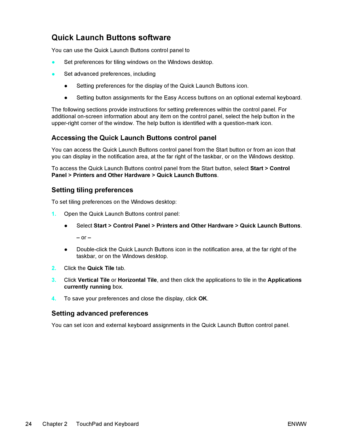 HP 397381-001 Quick Launch Buttons software, Accessing the Quick Launch Buttons control panel, Setting tiling preferences 