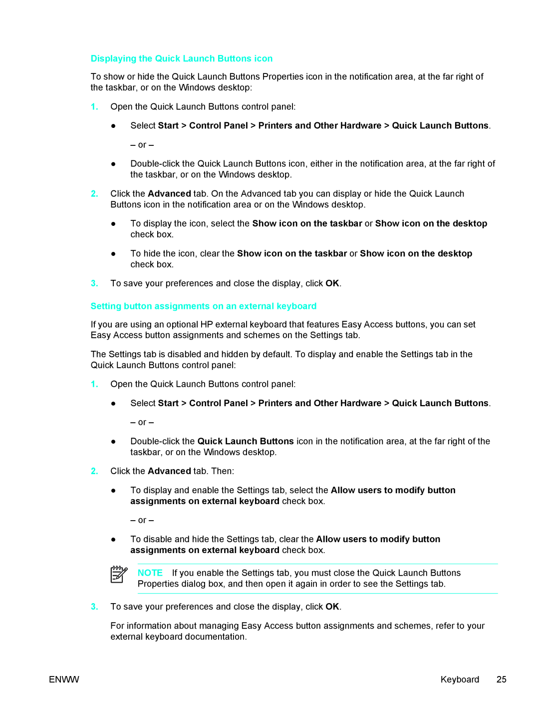 HP 397381-001 manual Displaying the Quick Launch Buttons icon, Setting button assignments on an external keyboard 