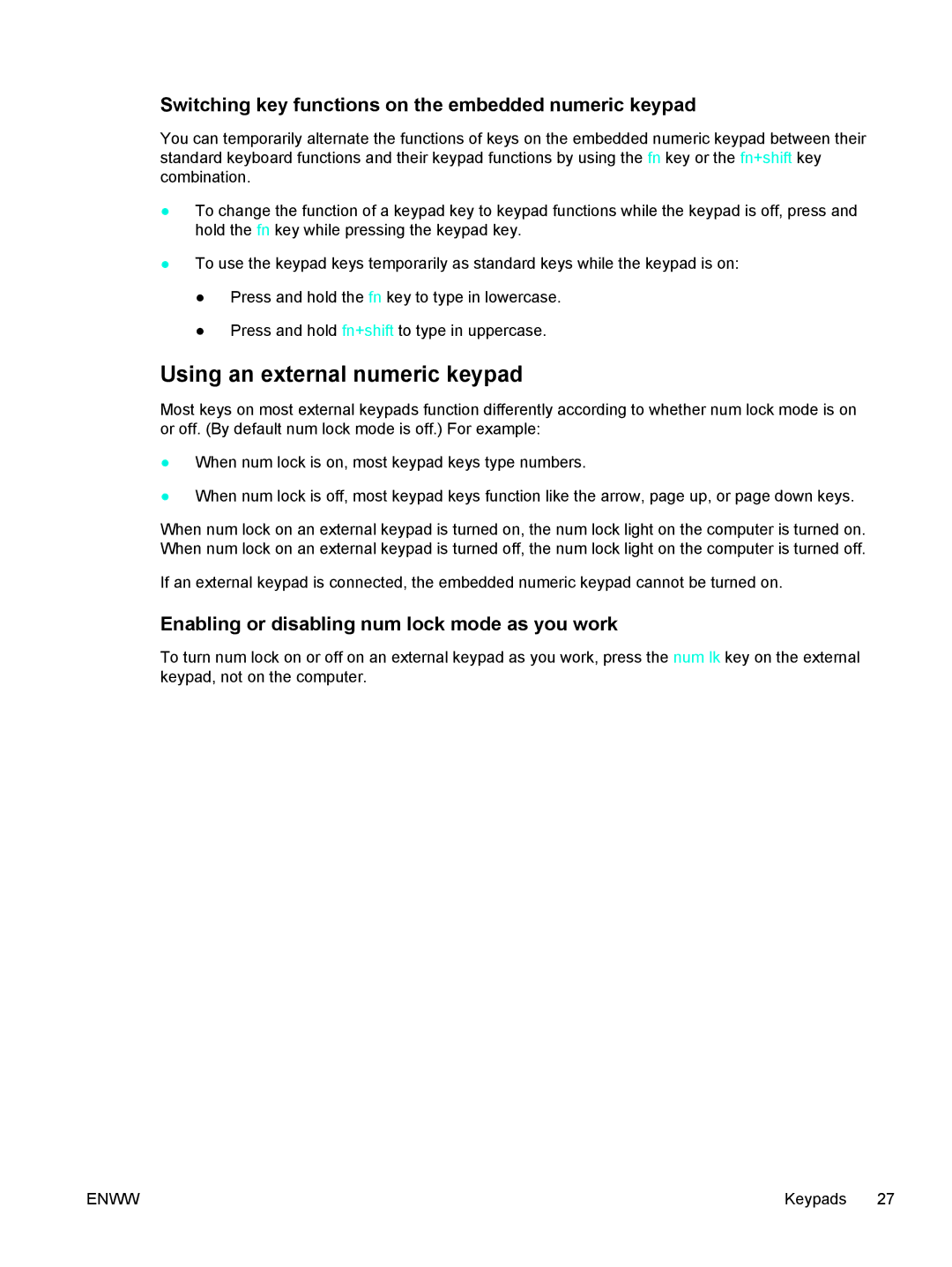 HP 397381-001 manual Using an external numeric keypad, Switching key functions on the embedded numeric keypad 