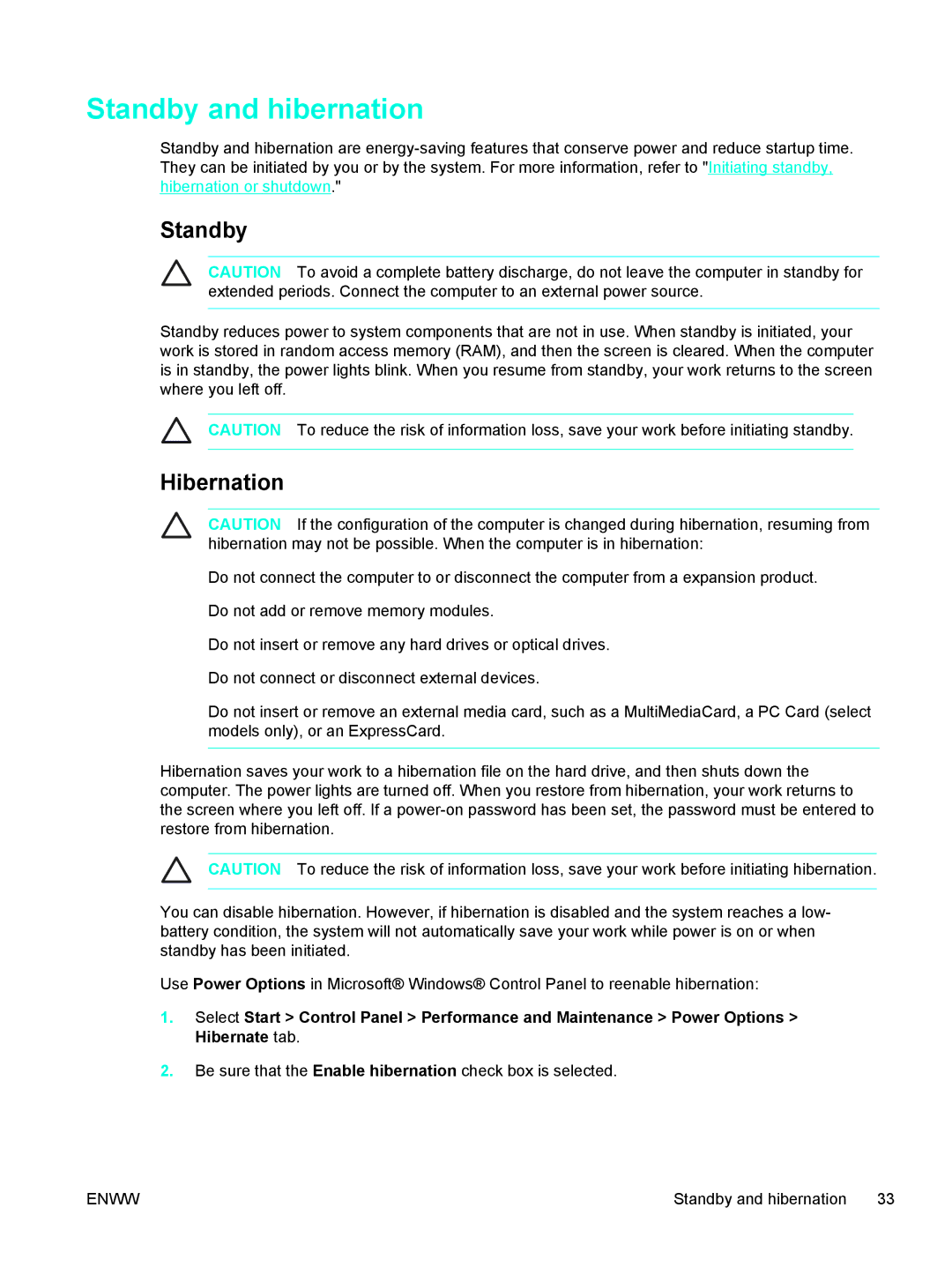 HP 397381-001 manual Standby and hibernation, Hibernation 