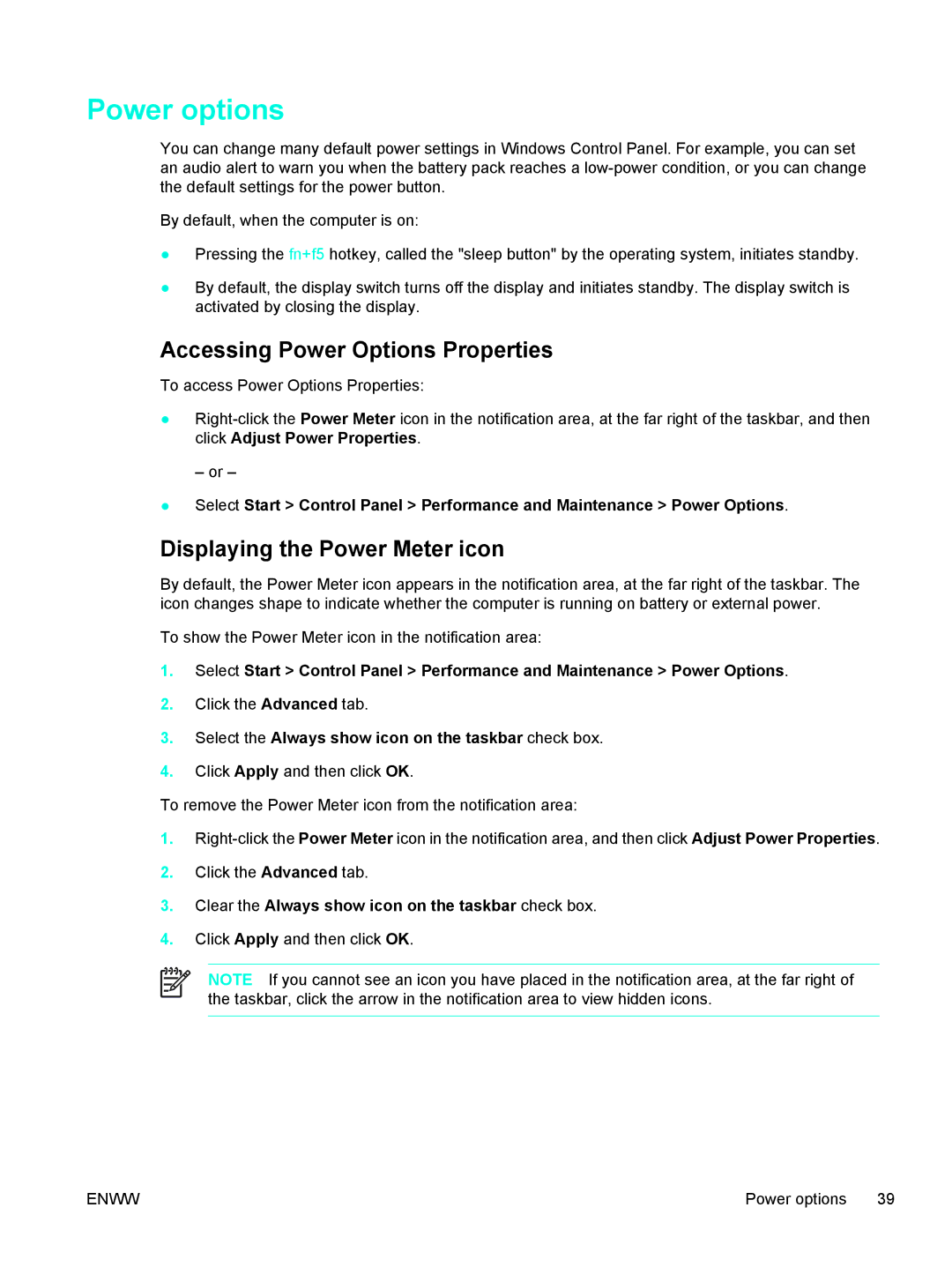 HP 397381-001 manual Power options, Accessing Power Options Properties, Displaying the Power Meter icon 