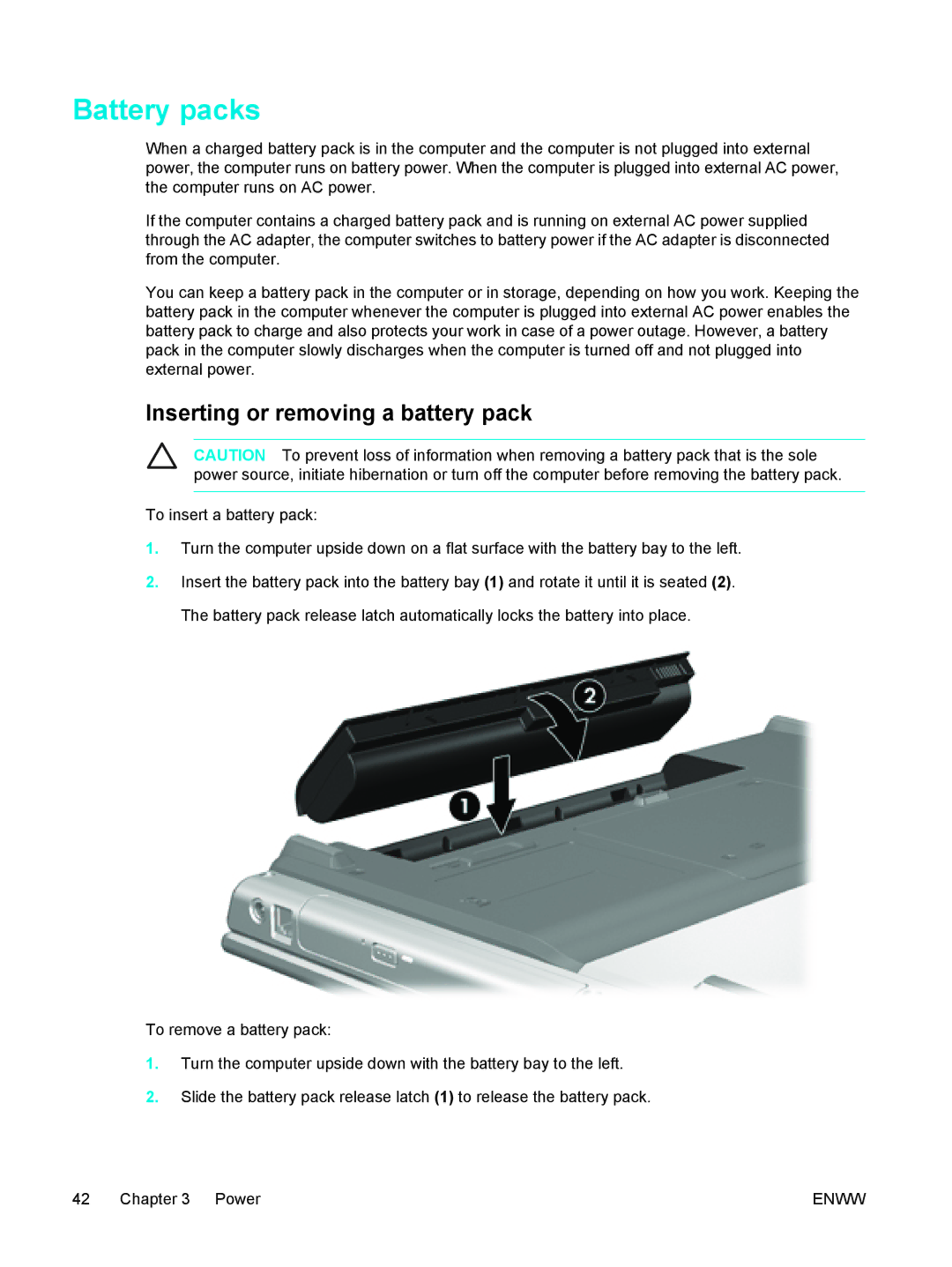 HP 397381-001 manual Battery packs, Inserting or removing a battery pack 