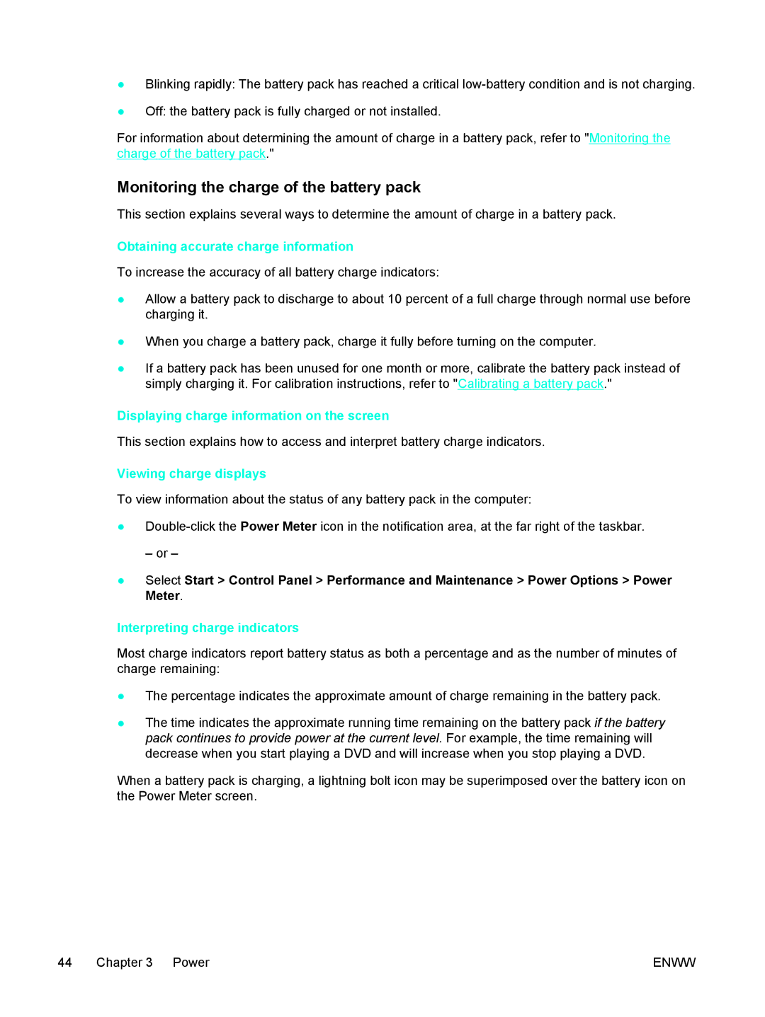 HP 397381-001 Monitoring the charge of the battery pack, Obtaining accurate charge information, Viewing charge displays 