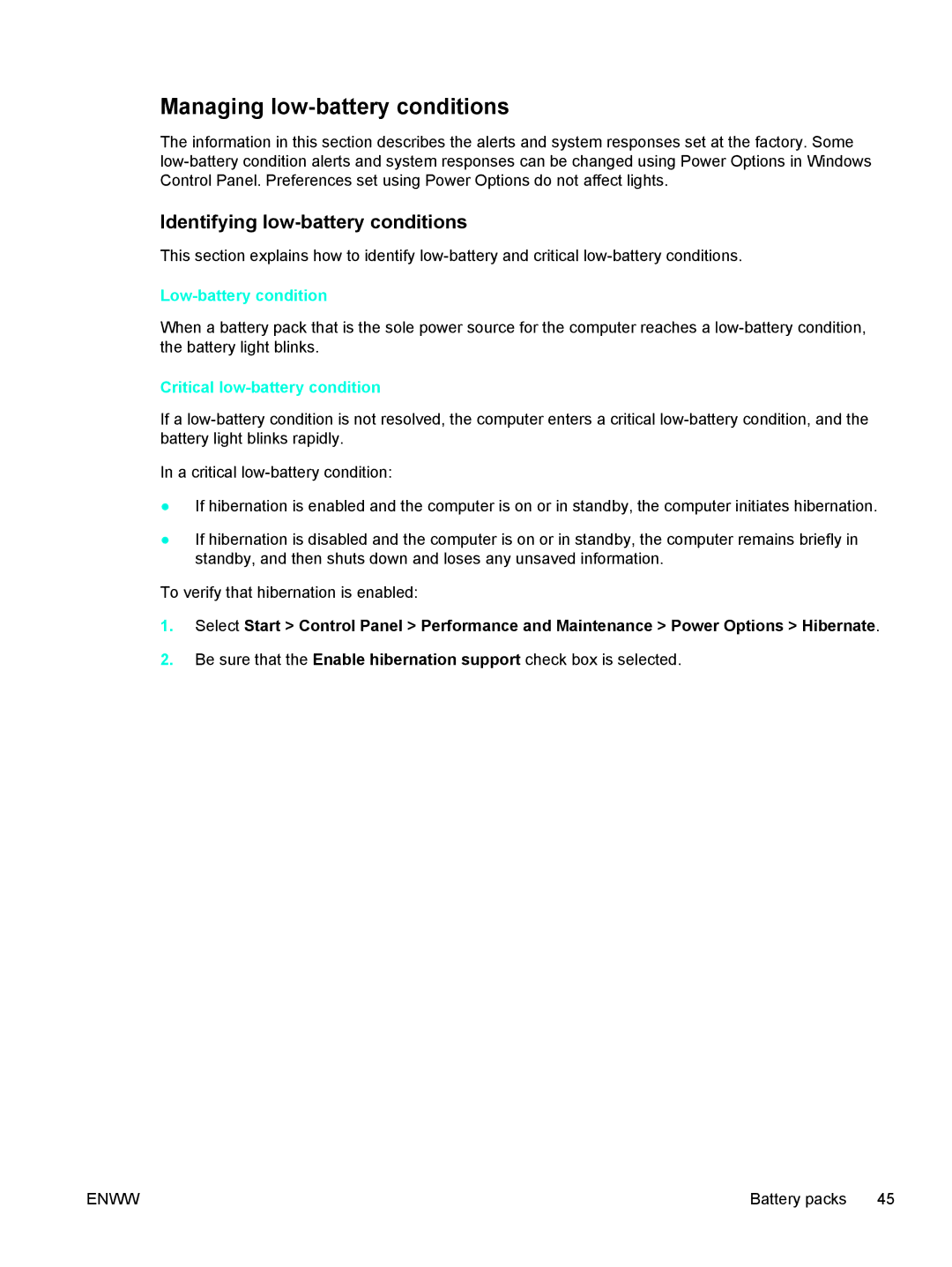 HP 397381-001 manual Managing low-battery conditions, Identifying low-battery conditions, Low-battery condition 