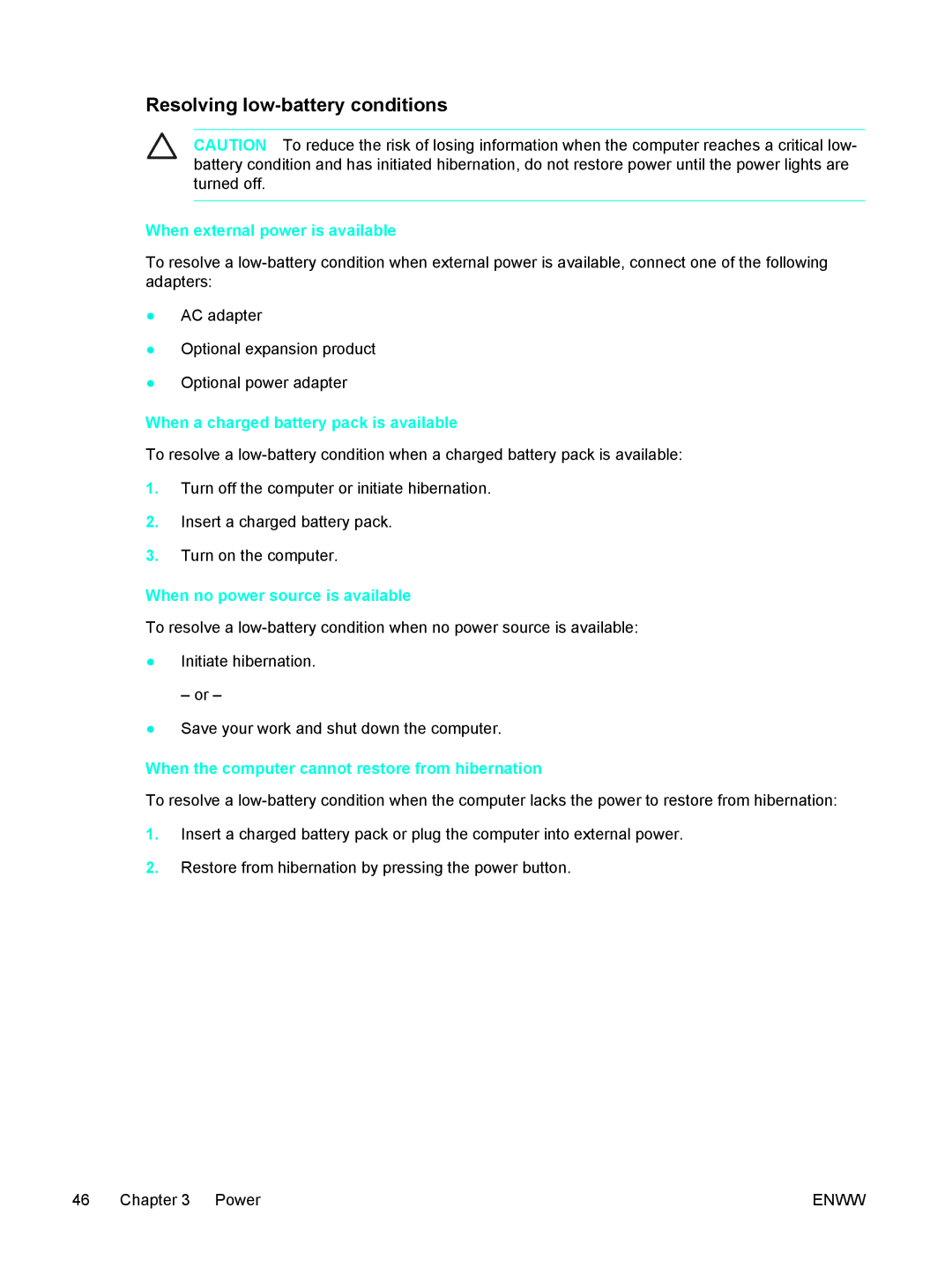 HP 397381-001 Resolving low-battery conditions, When external power is available, When a charged battery pack is available 