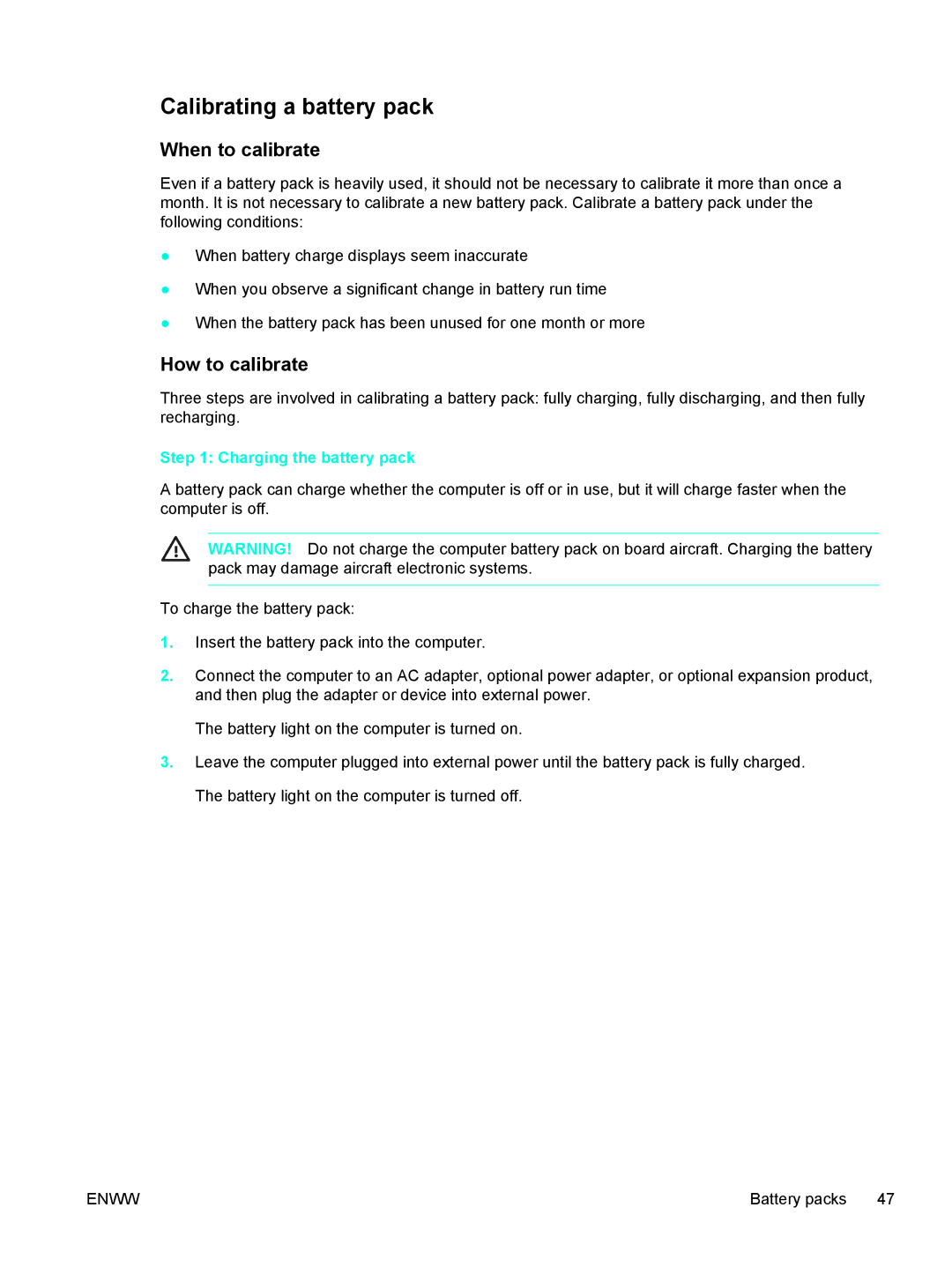 HP 397381-001 manual Calibrating a battery pack, When to calibrate, How to calibrate, Charging the battery pack 