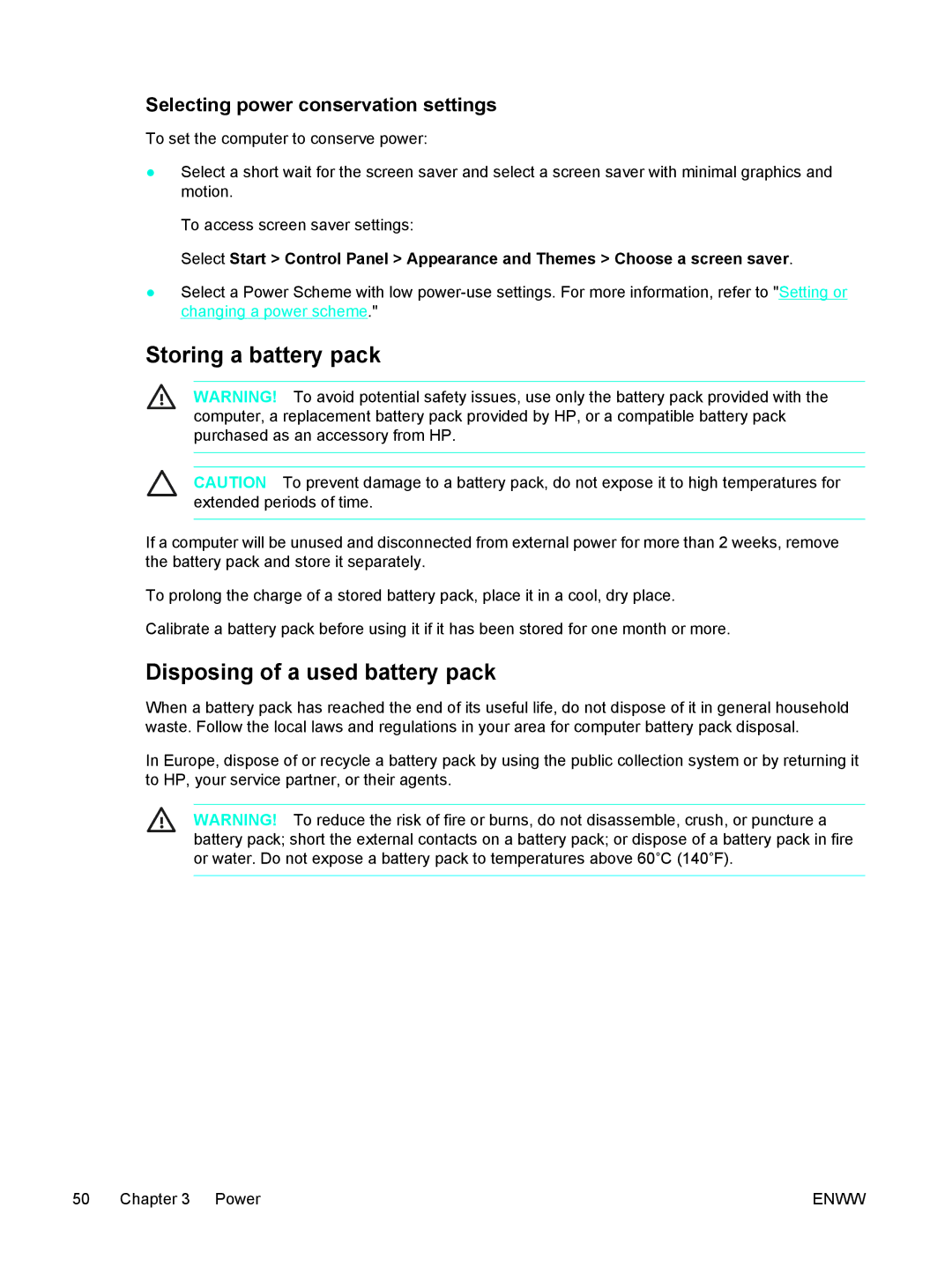 HP 397381-001 manual Storing a battery pack, Disposing of a used battery pack, Selecting power conservation settings 