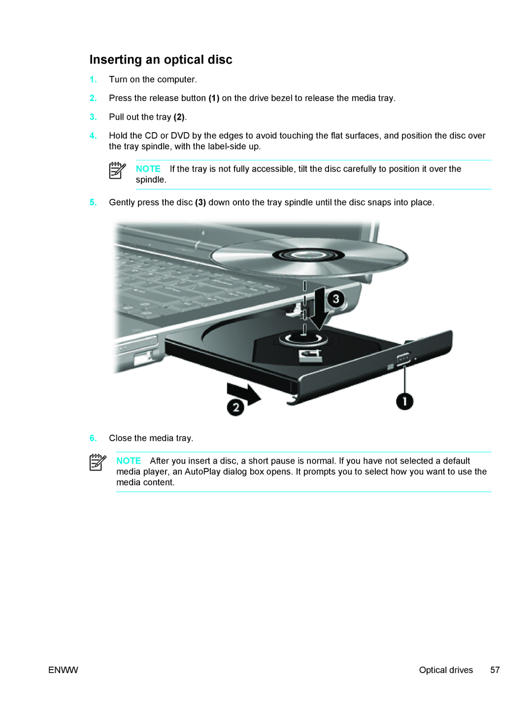 HP 397381-001 manual Inserting an optical disc 