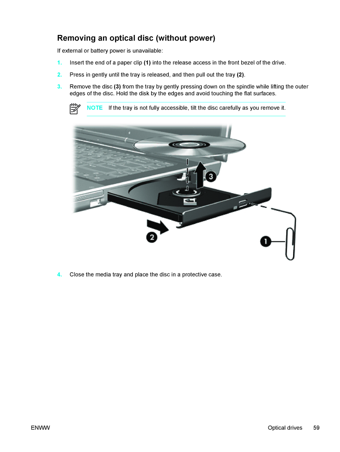 HP 397381-001 manual Removing an optical disc without power 