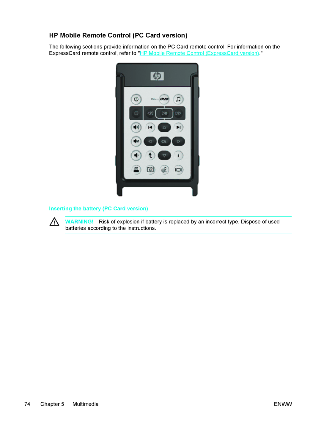 HP 397381-001 manual HP Mobile Remote Control PC Card version, Inserting the battery PC Card version 