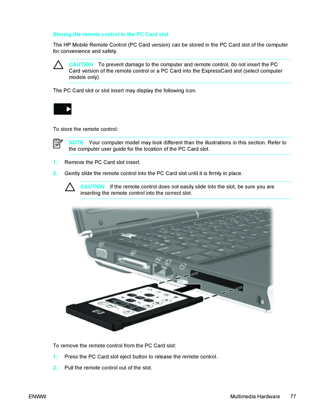 HP 397381-001 manual Storing the remote control in the PC Card slot 