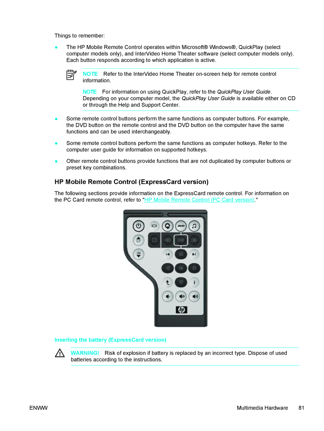 HP 397381-001 manual HP Mobile Remote Control ExpressCard version, Inserting the battery ExpressCard version 