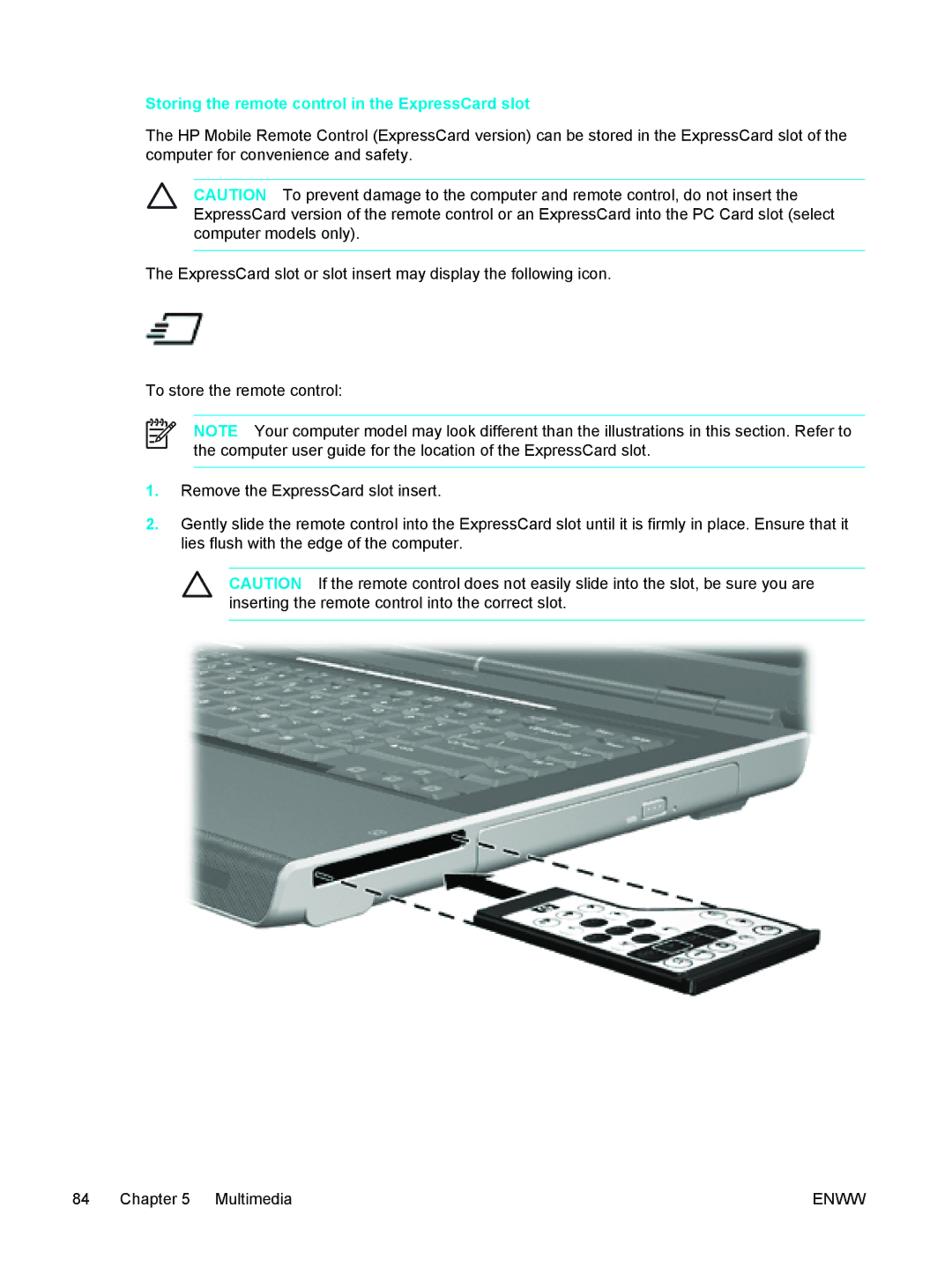 HP 397381-001 manual Storing the remote control in the ExpressCard slot 