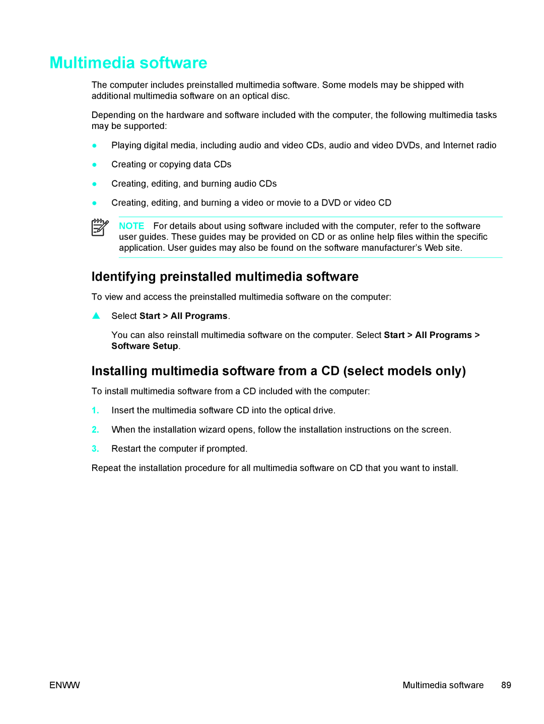 HP 397381-001 manual Multimedia software, Identifying preinstalled multimedia software 