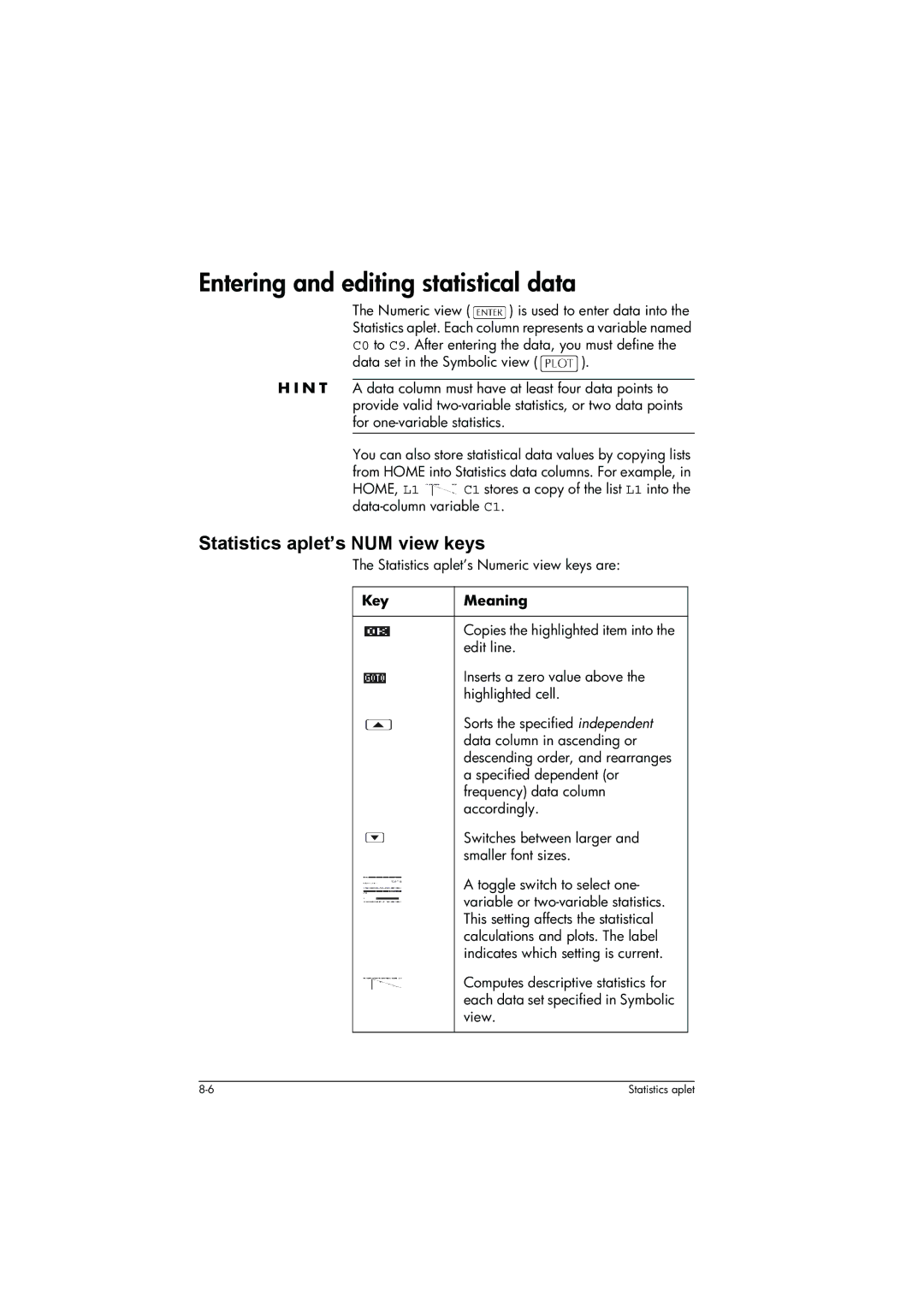 HP 39g+ Graphing manual Entering and editing statistical data, Statistics aplet’s Numeric view keys are 