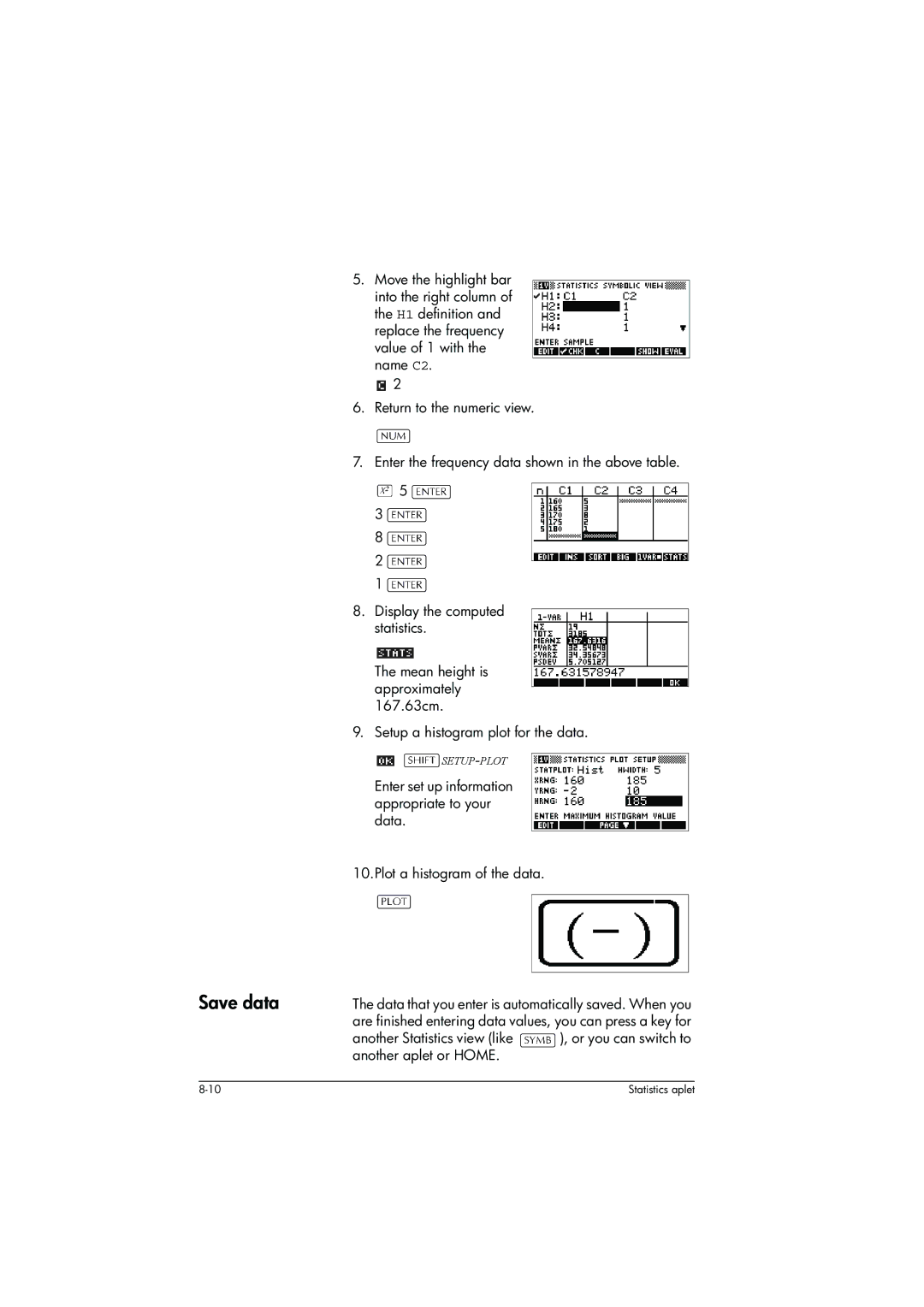 HP 39g+ Graphing manual Save data, Plot a histogram of the data 