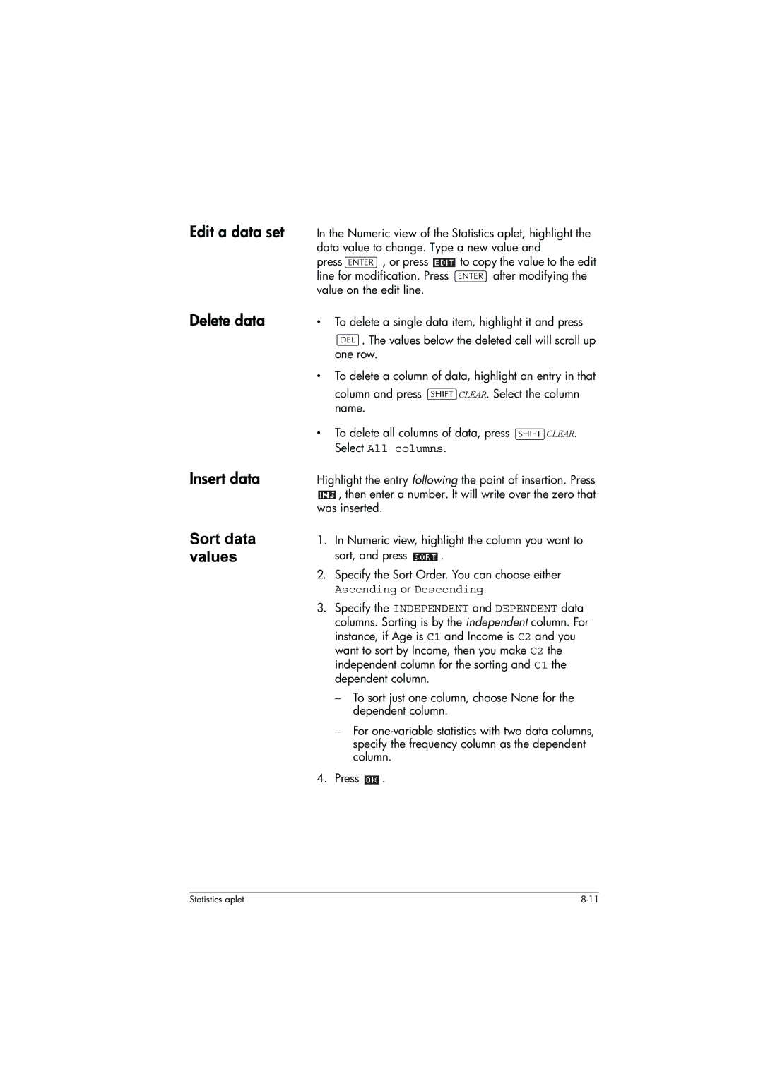 HP 39g+ Graphing manual Edit a data set Delete data Insert data, Sort data values 