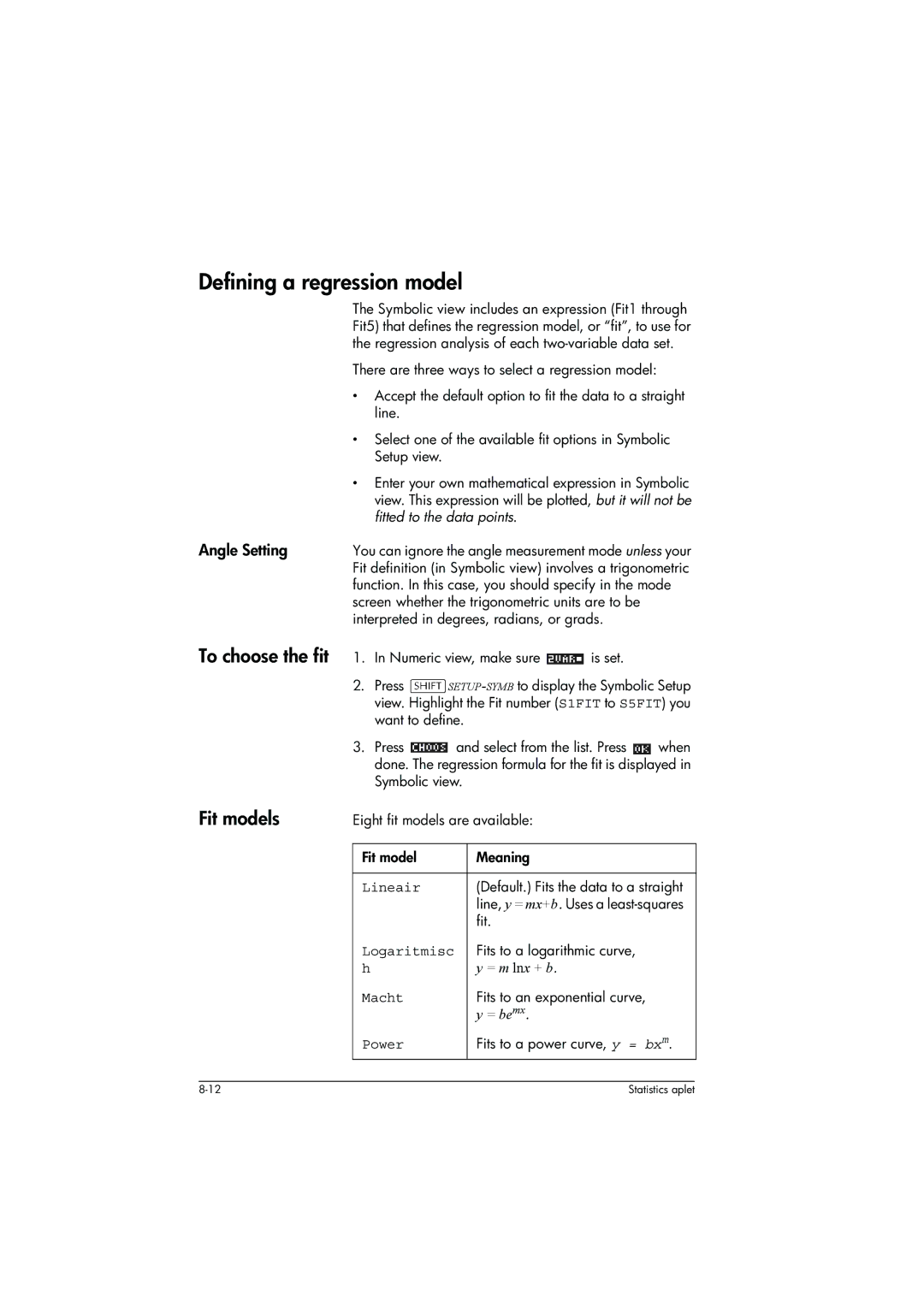 HP 39g+ Graphing manual Defining a regression model, To choose the fit, Fit models, Angle Setting 