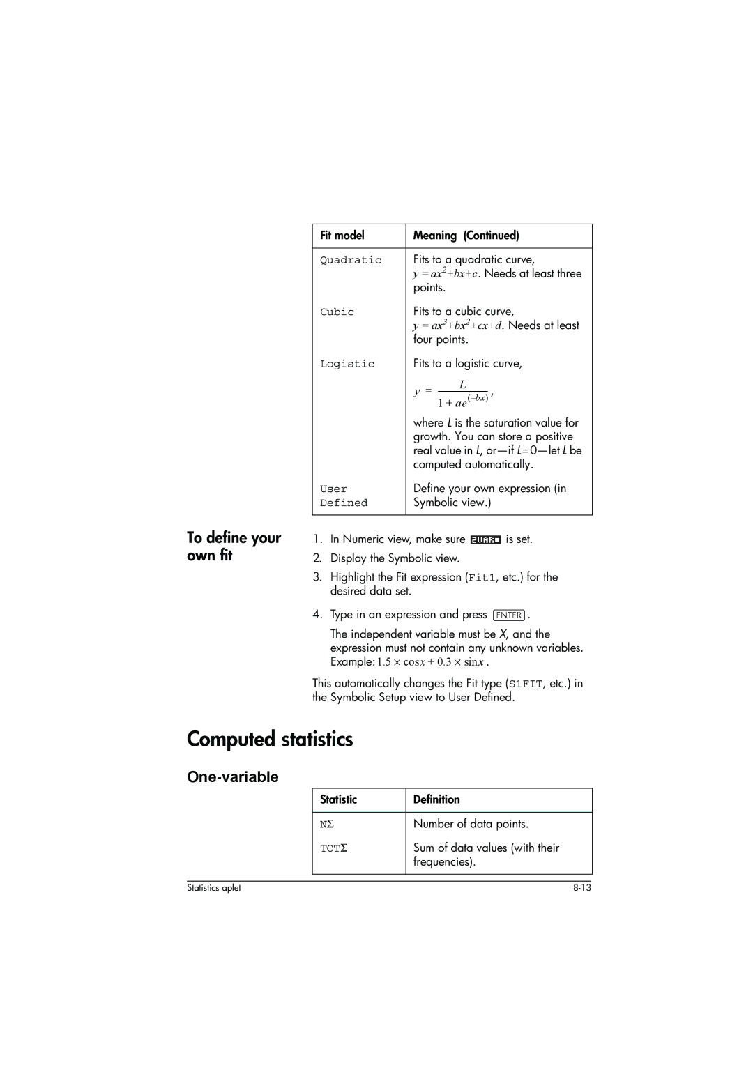 HP 39g+ Graphing manual Computed statistics, To define your own fit 